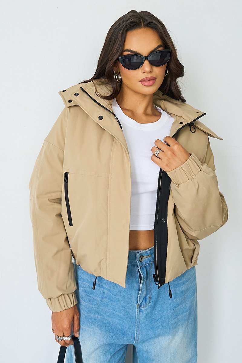Street Stand Collar Hooded Zip-Up Trench Coat With Toggle-KATCH ME