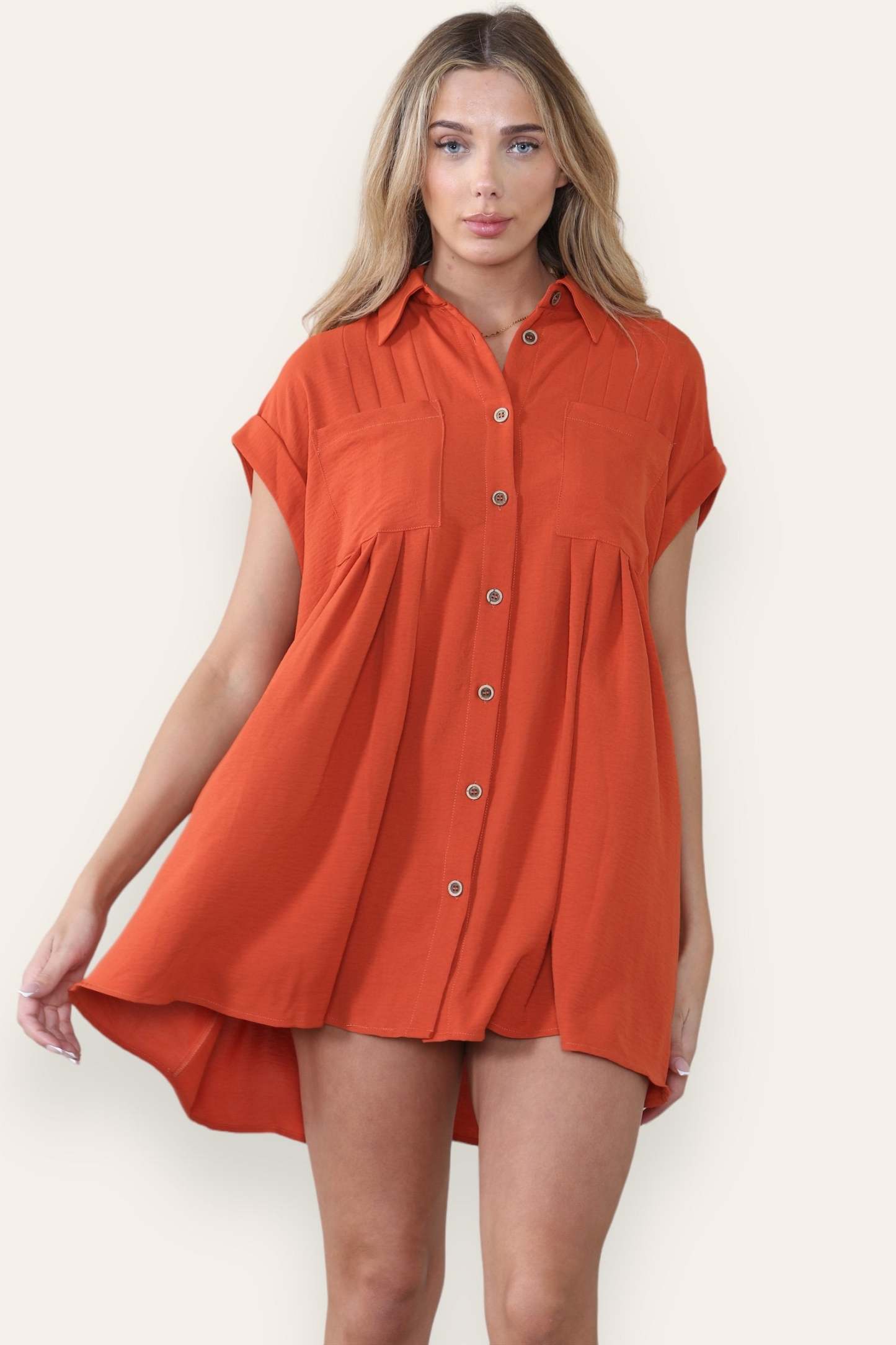 KATCH ME Women's Plain Collared Neck Short Sleeve Button-Up Ruched Shirtdress Dress 28.99