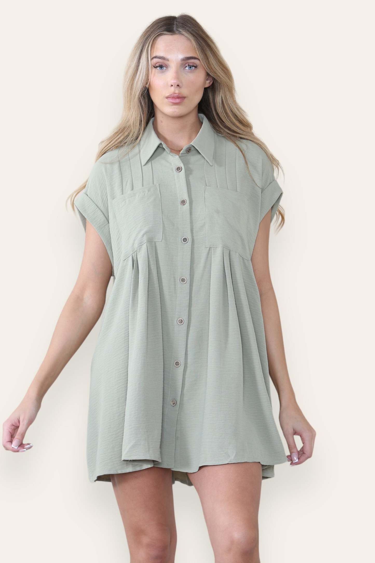 KATCH ME Women's Plain Collared Neck Short Sleeve Button-Up Ruched Shirtdress Dress 28.99