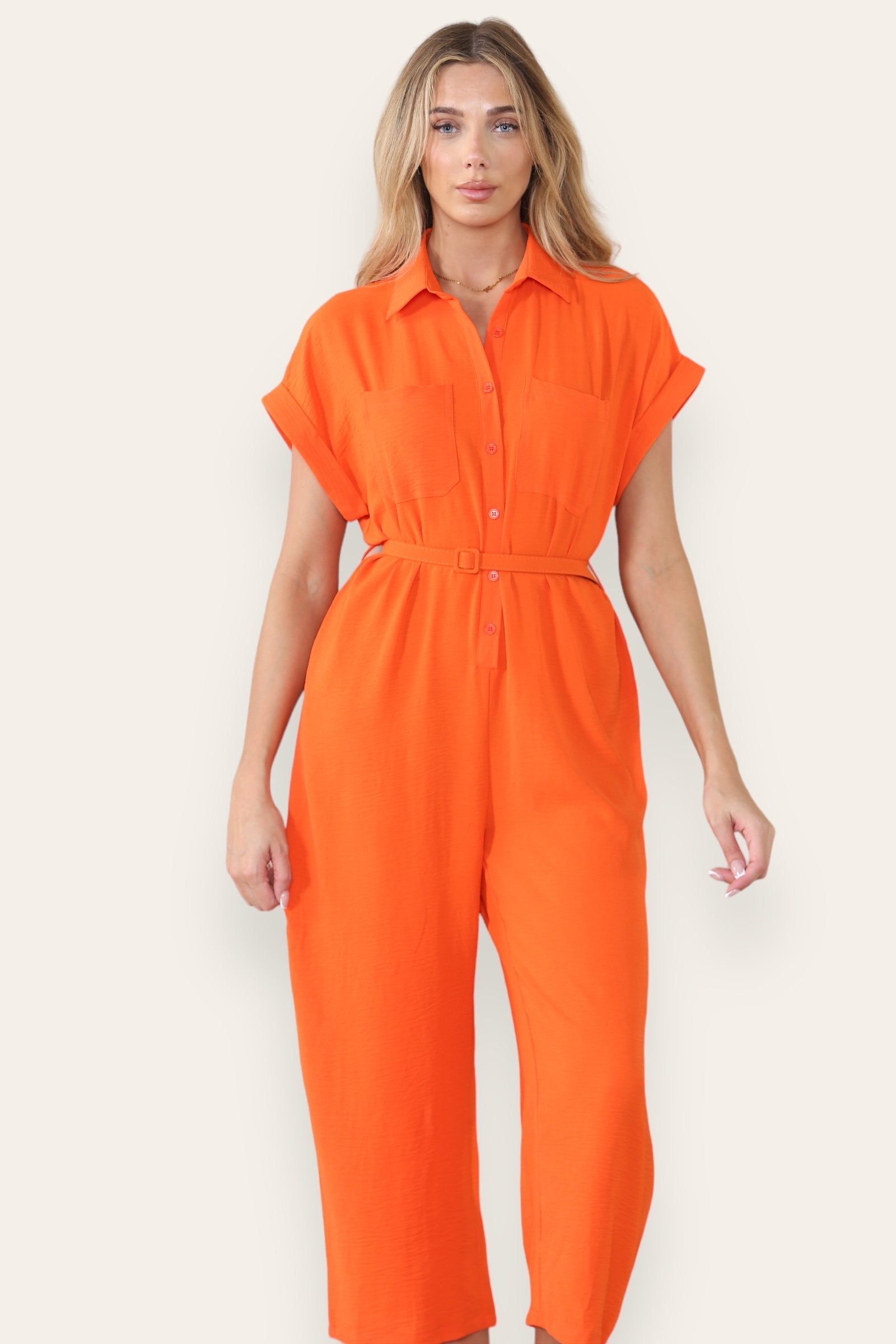 Collared Neck Partial Button Jumpsuit With Matching Belt-KATCH ME