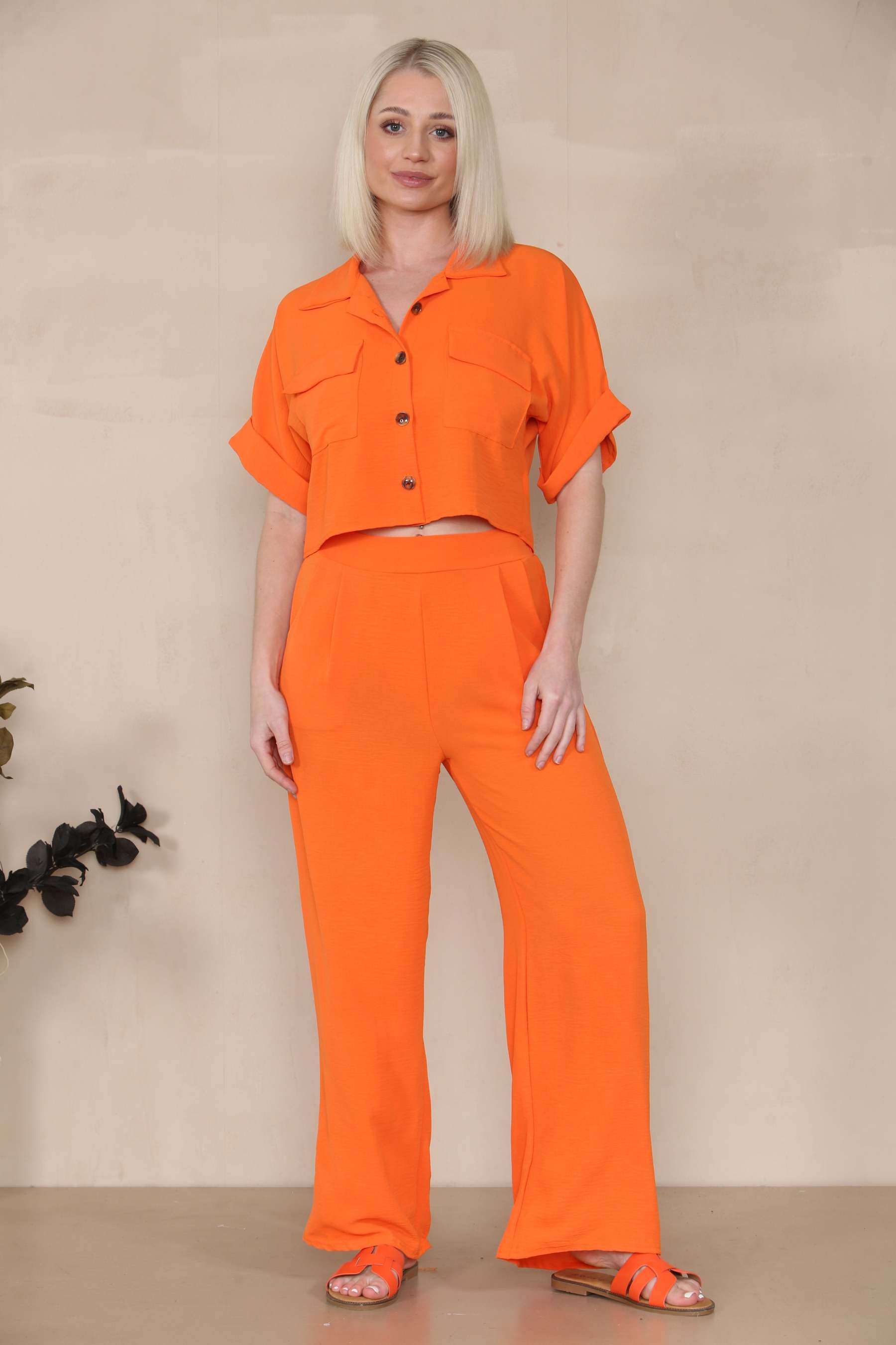 Women's Versatile Short Sleeve Button Crop Top & Wide Leg Trousers Co-ord-KATCH ME