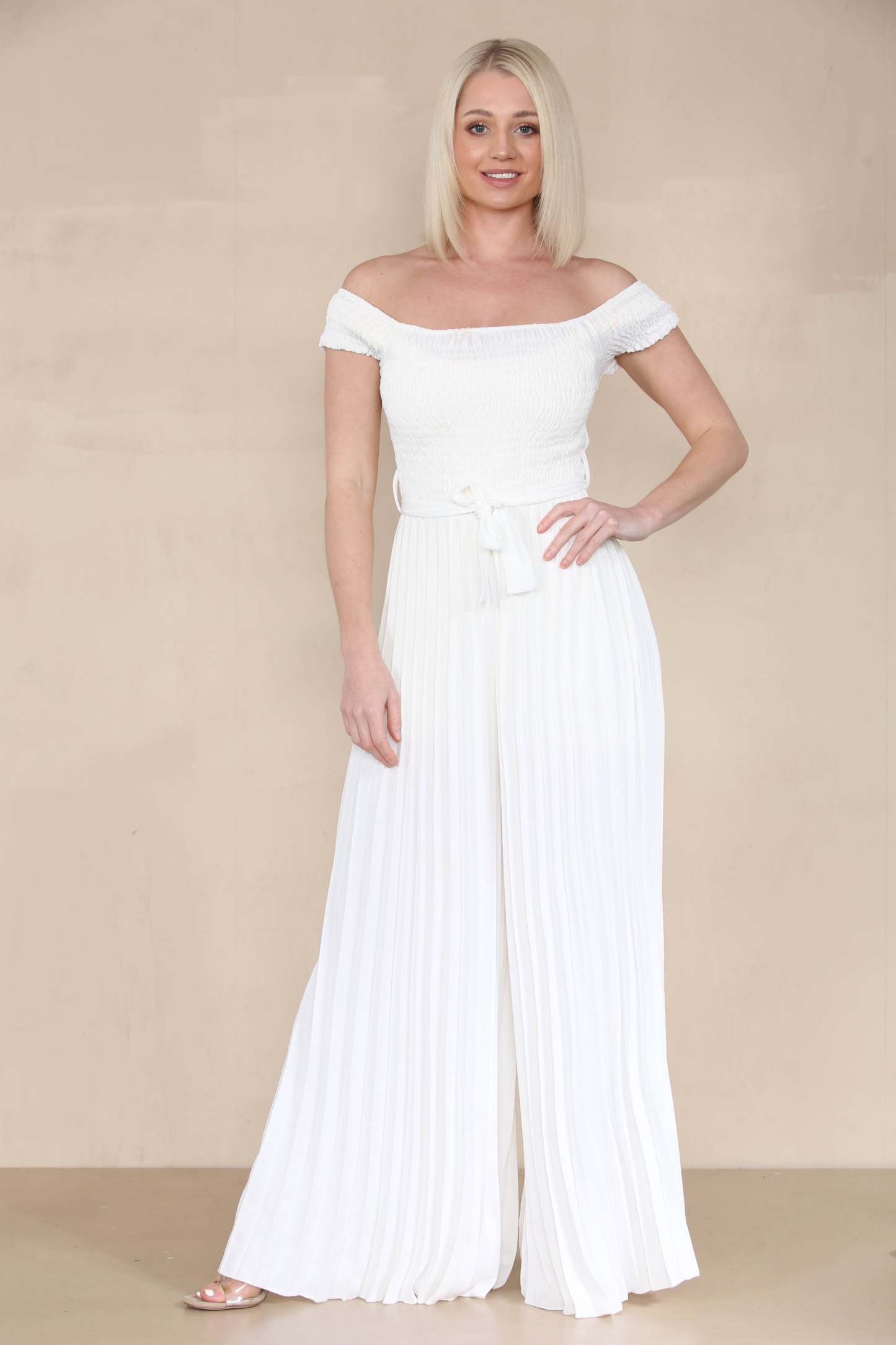 Trendy Off The Shoulder Waist Tie Pleated Jumpsuit-KATCH ME