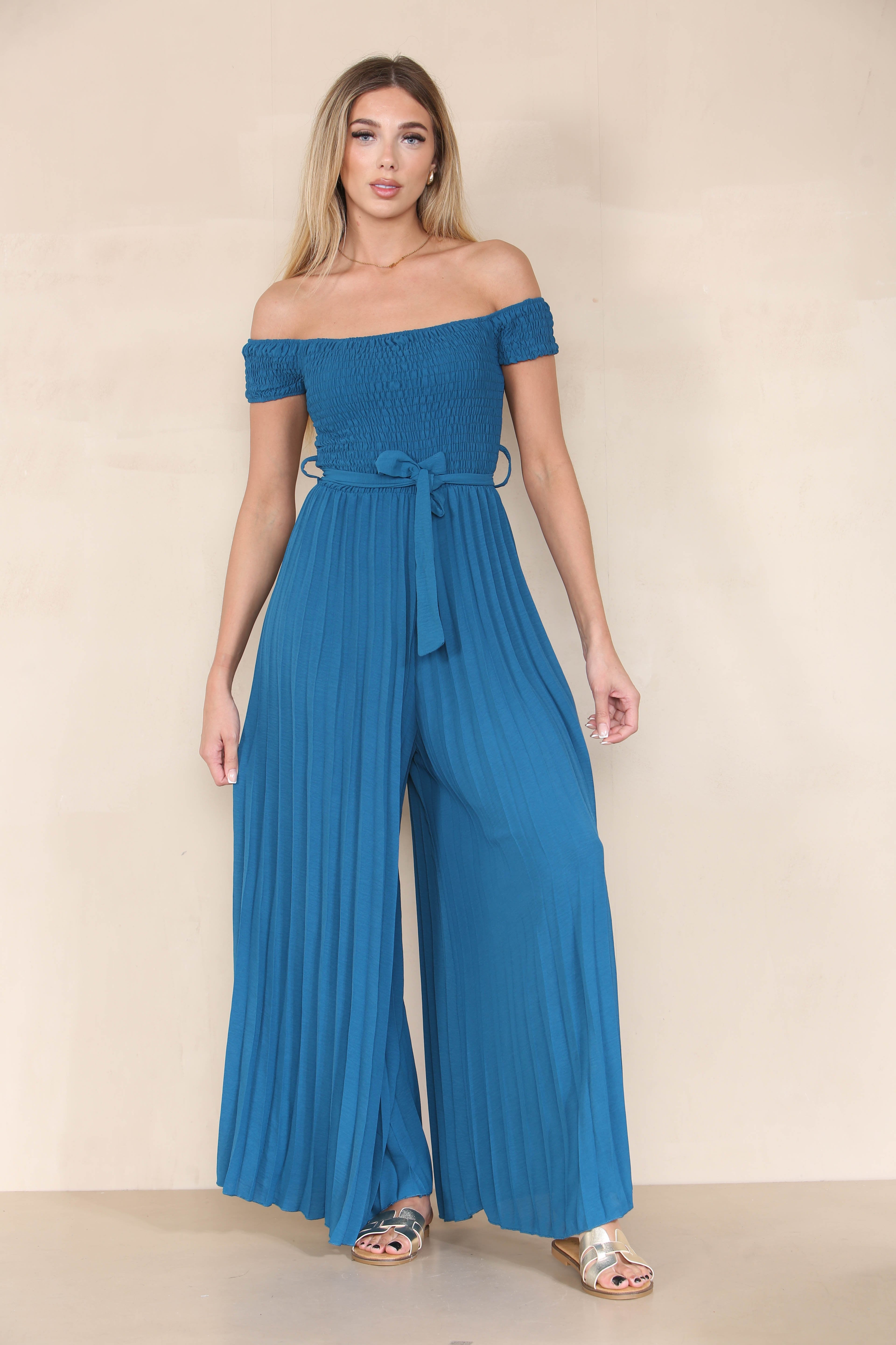 Trendy Off The Shoulder Waist Tie Pleated Jumpsuit-KATCH ME