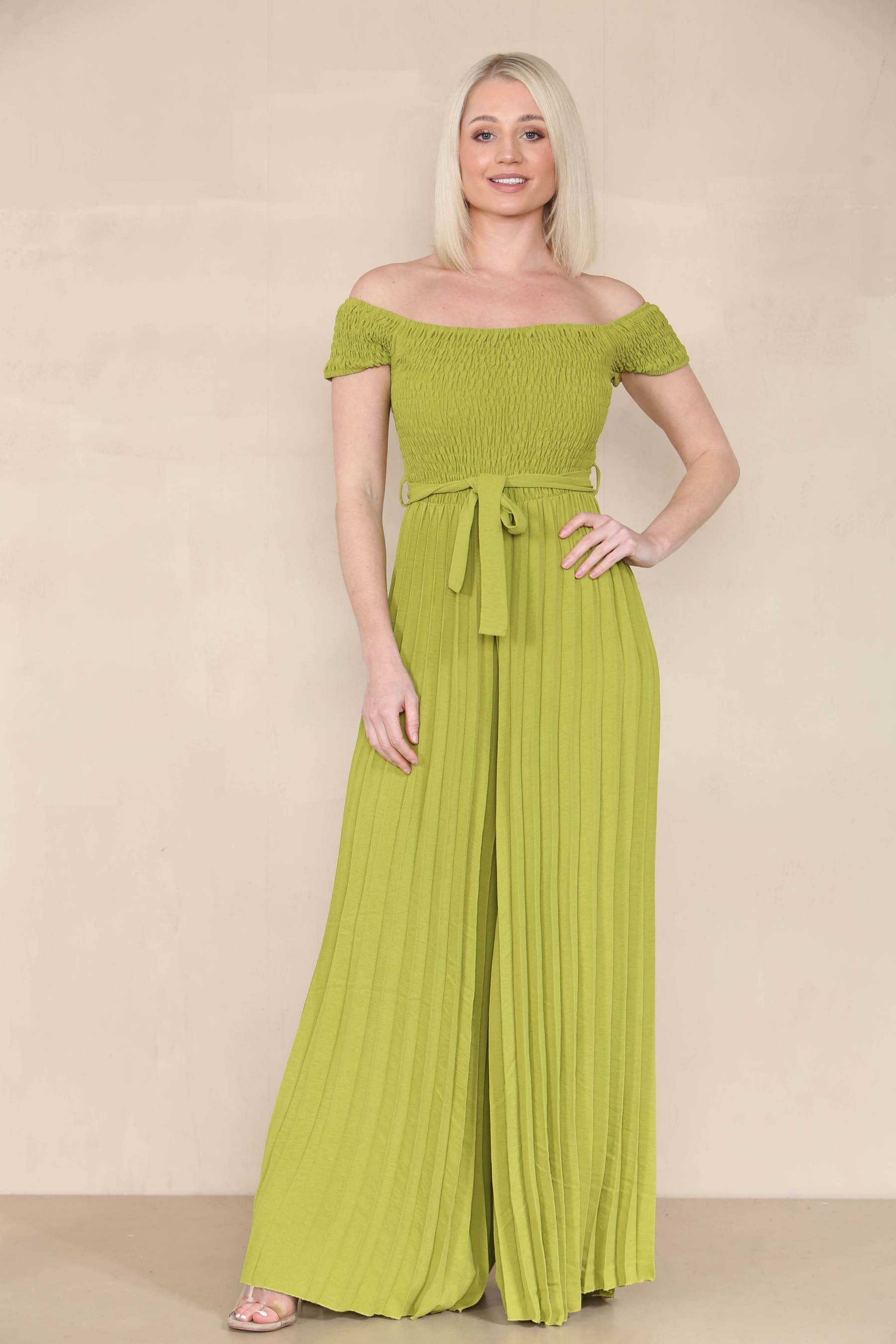 Trendy Off The Shoulder Waist Tie Pleated Jumpsuit-KATCH ME