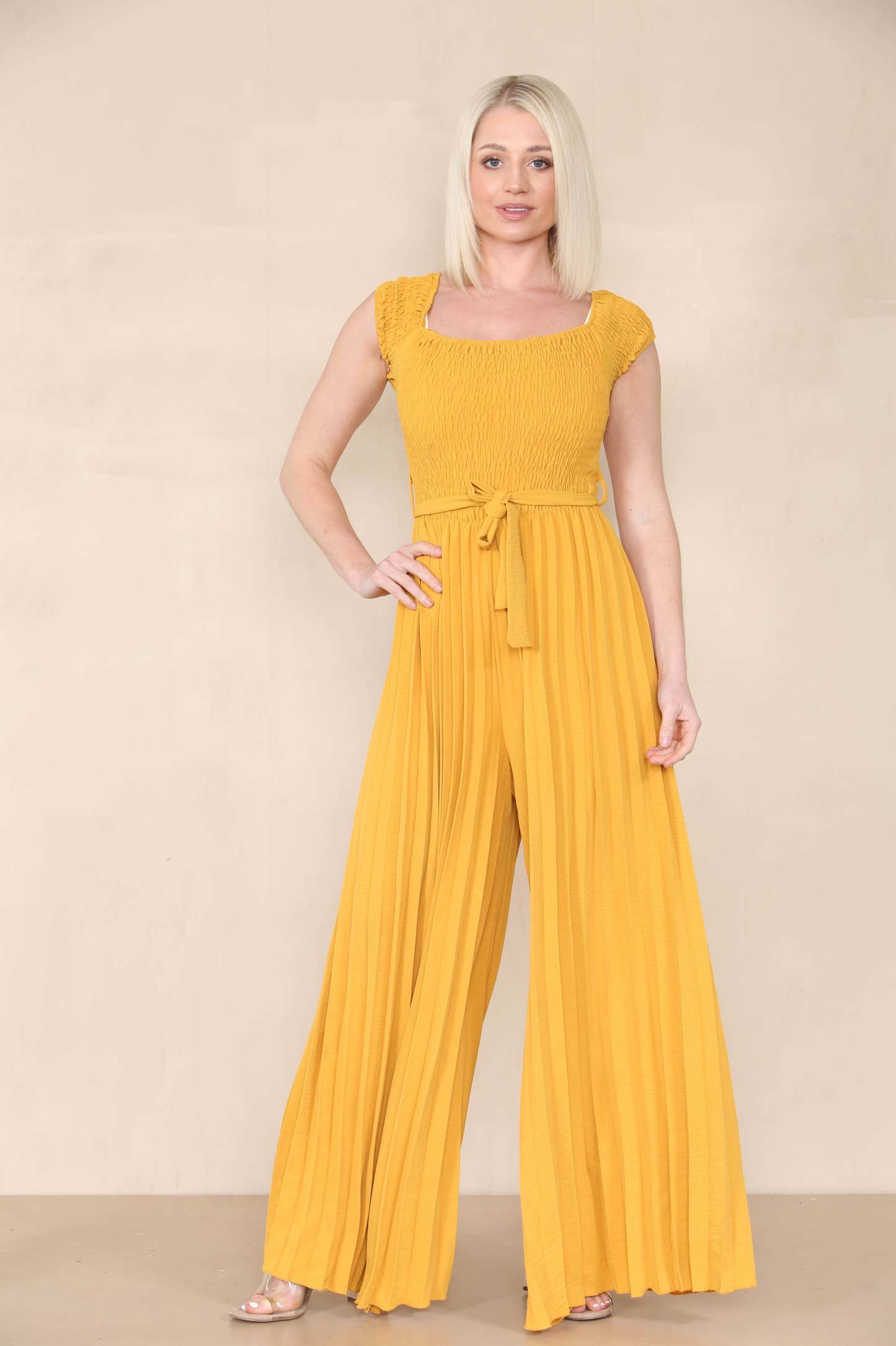 Trendy Off The Shoulder Waist Tie Pleated Jumpsuit-KATCH ME