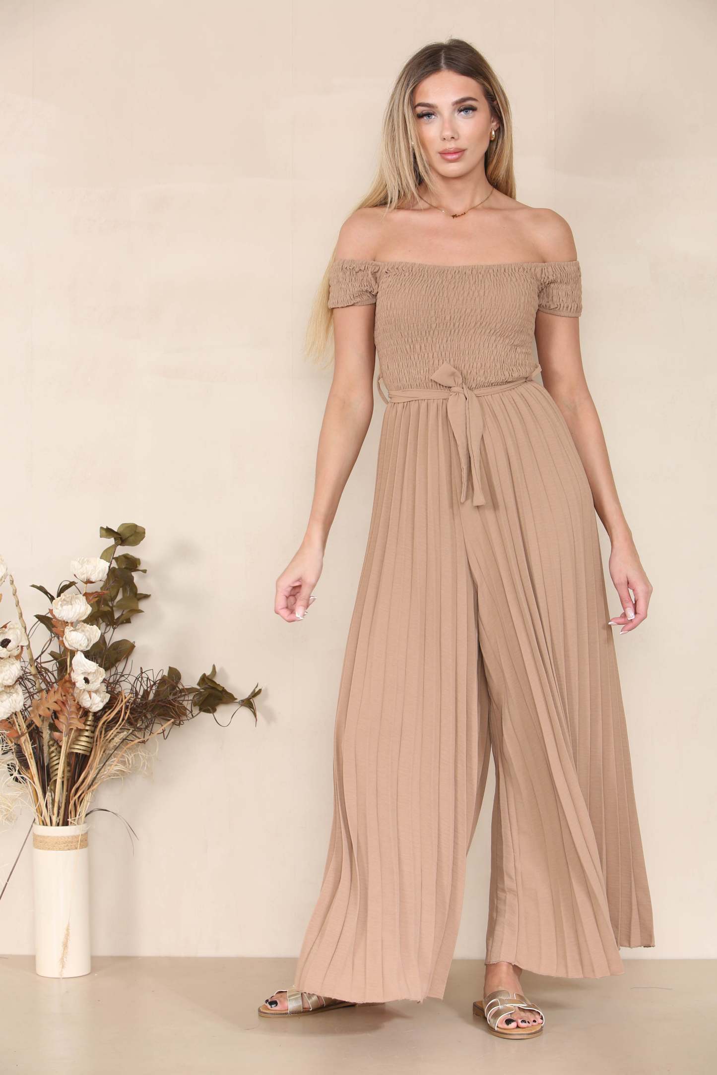 Trendy Off The Shoulder Waist Tie Pleated Jumpsuit-KATCH ME