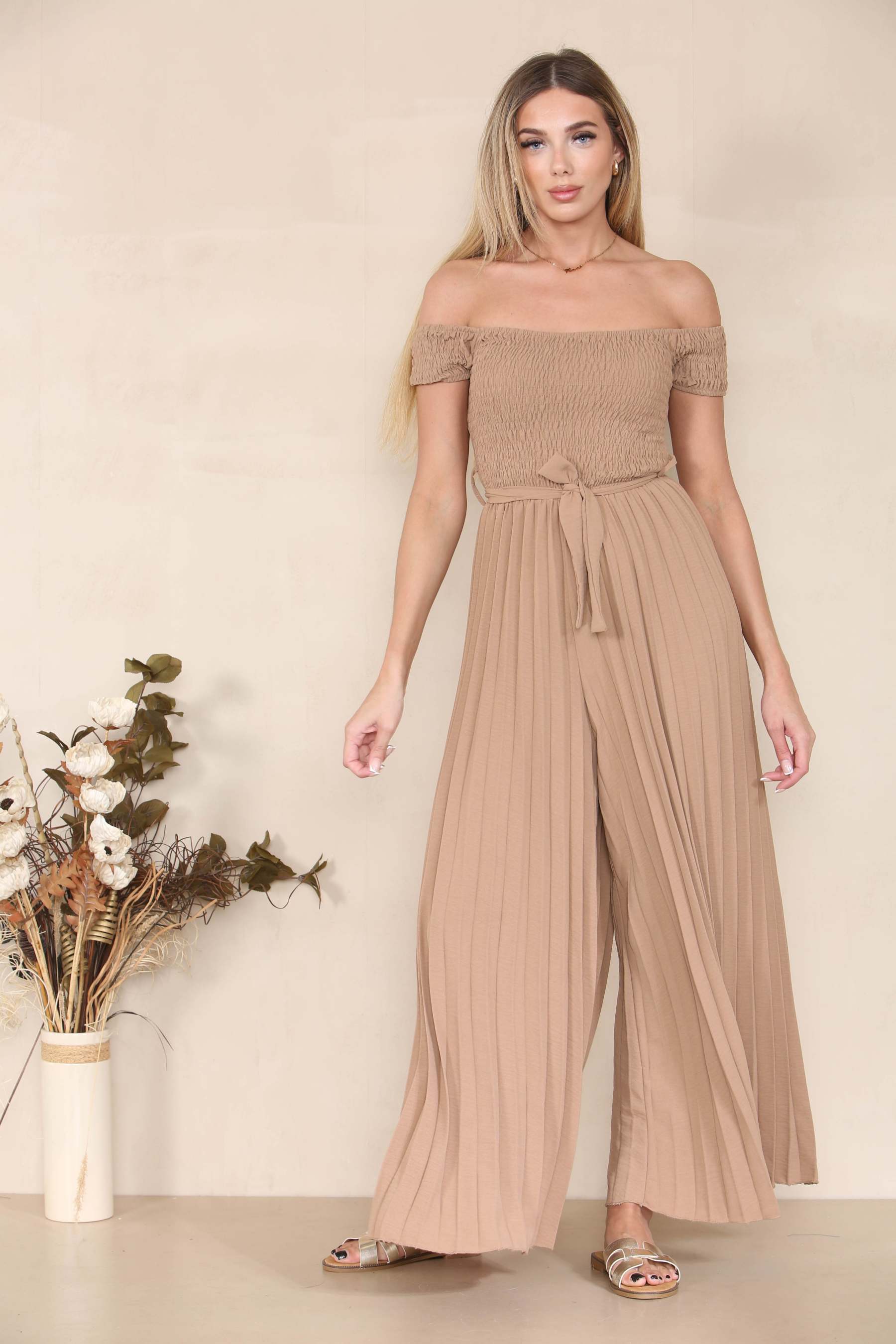 Trendy Off The Shoulder Waist Tie Pleated Jumpsuit-KATCH ME