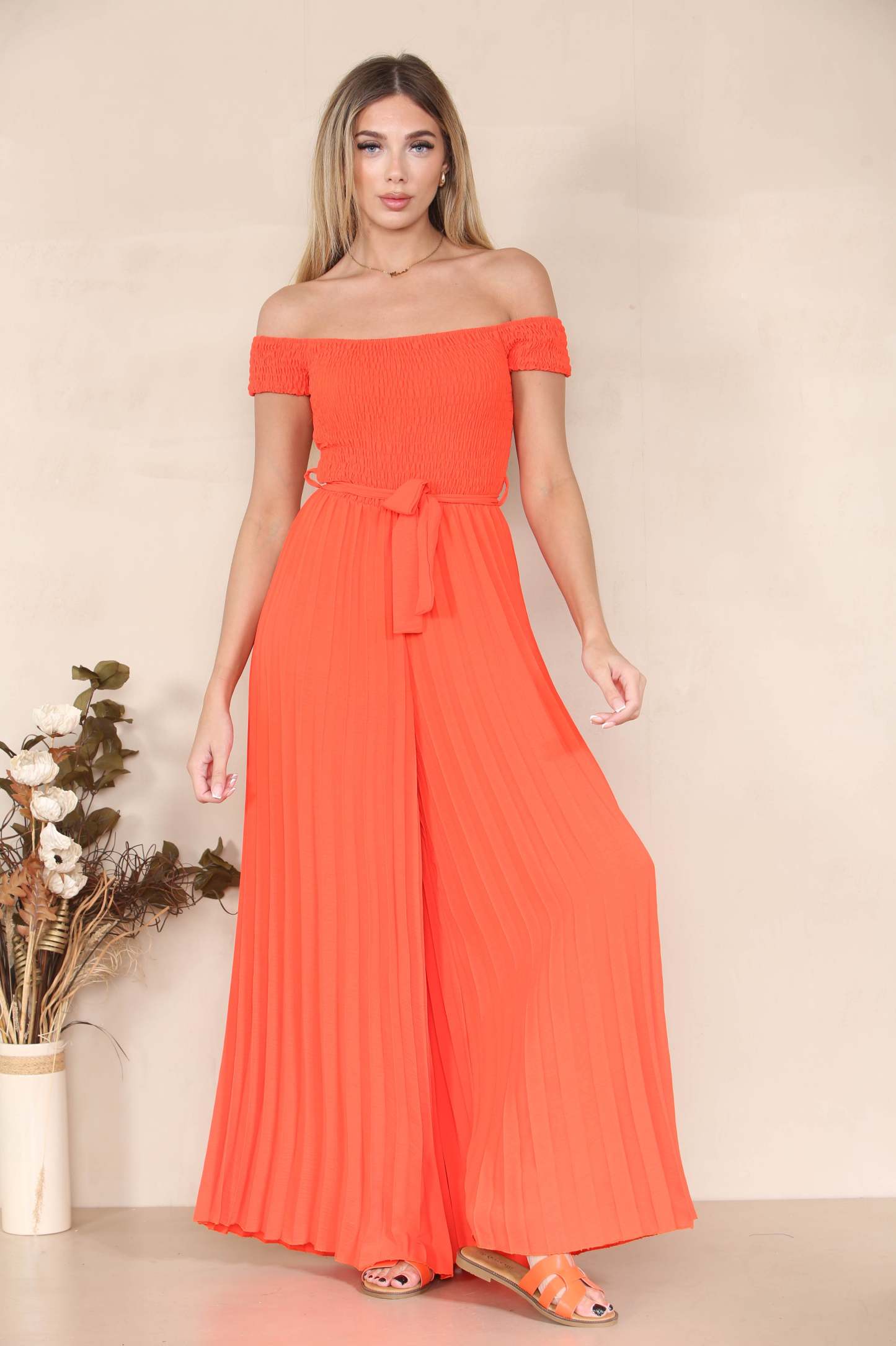 Trendy Off The Shoulder Waist Tie Pleated Jumpsuit-KATCH ME