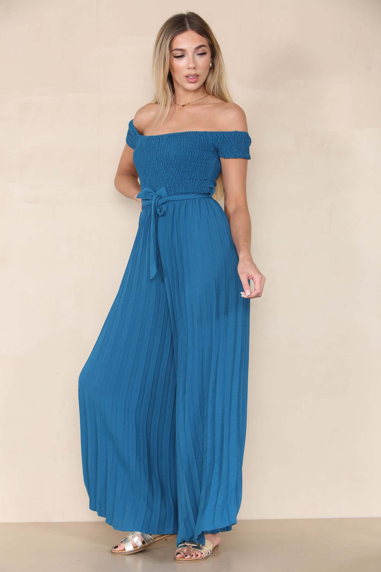 Trendy Off The Shoulder Waist Tie Pleated Jumpsuit-KATCH ME