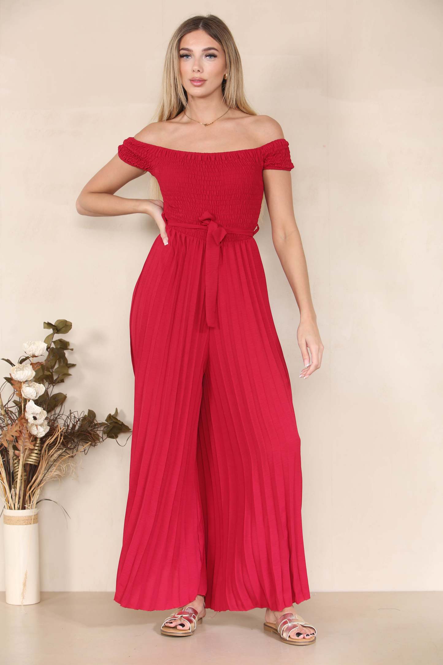 Trendy Off The Shoulder Waist Tie Pleated Jumpsuit-KATCH ME