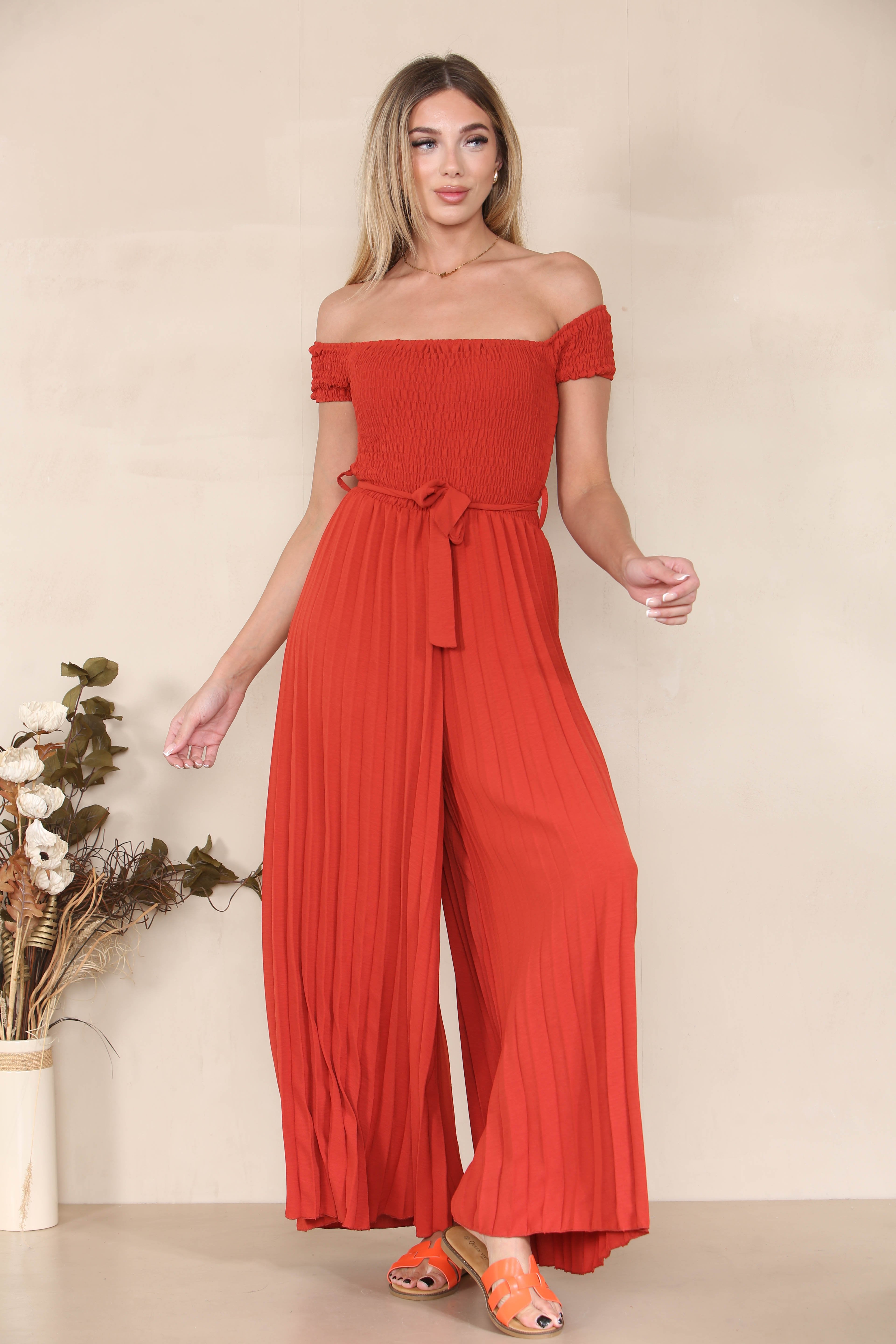 Trendy Off The Shoulder Waist Tie Pleated Jumpsuit-KATCH ME