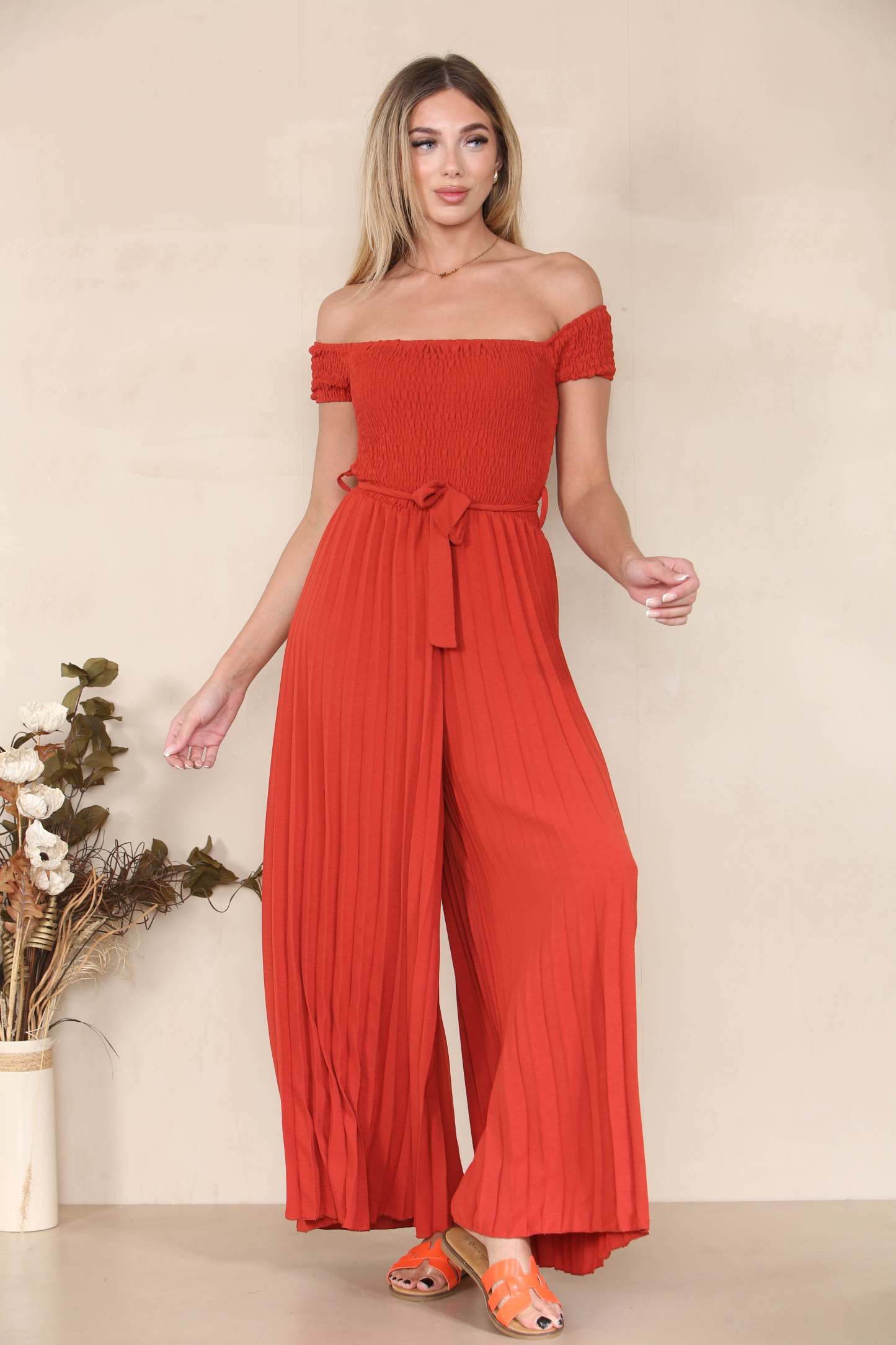Trendy Off The Shoulder Waist Tie Pleated Jumpsuit-KATCH ME