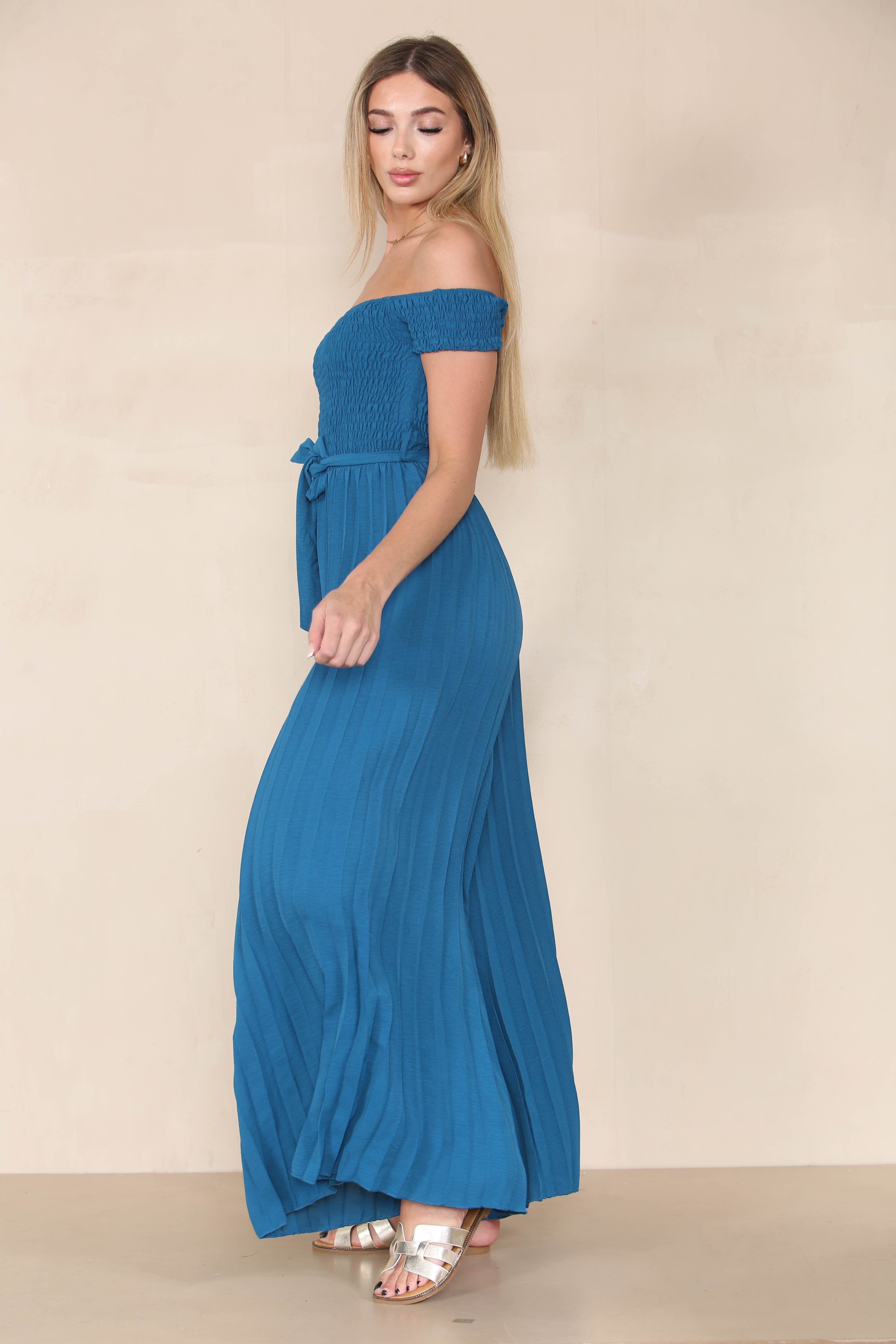 Trendy Off The Shoulder Waist Tie Pleated Jumpsuit-KATCH ME