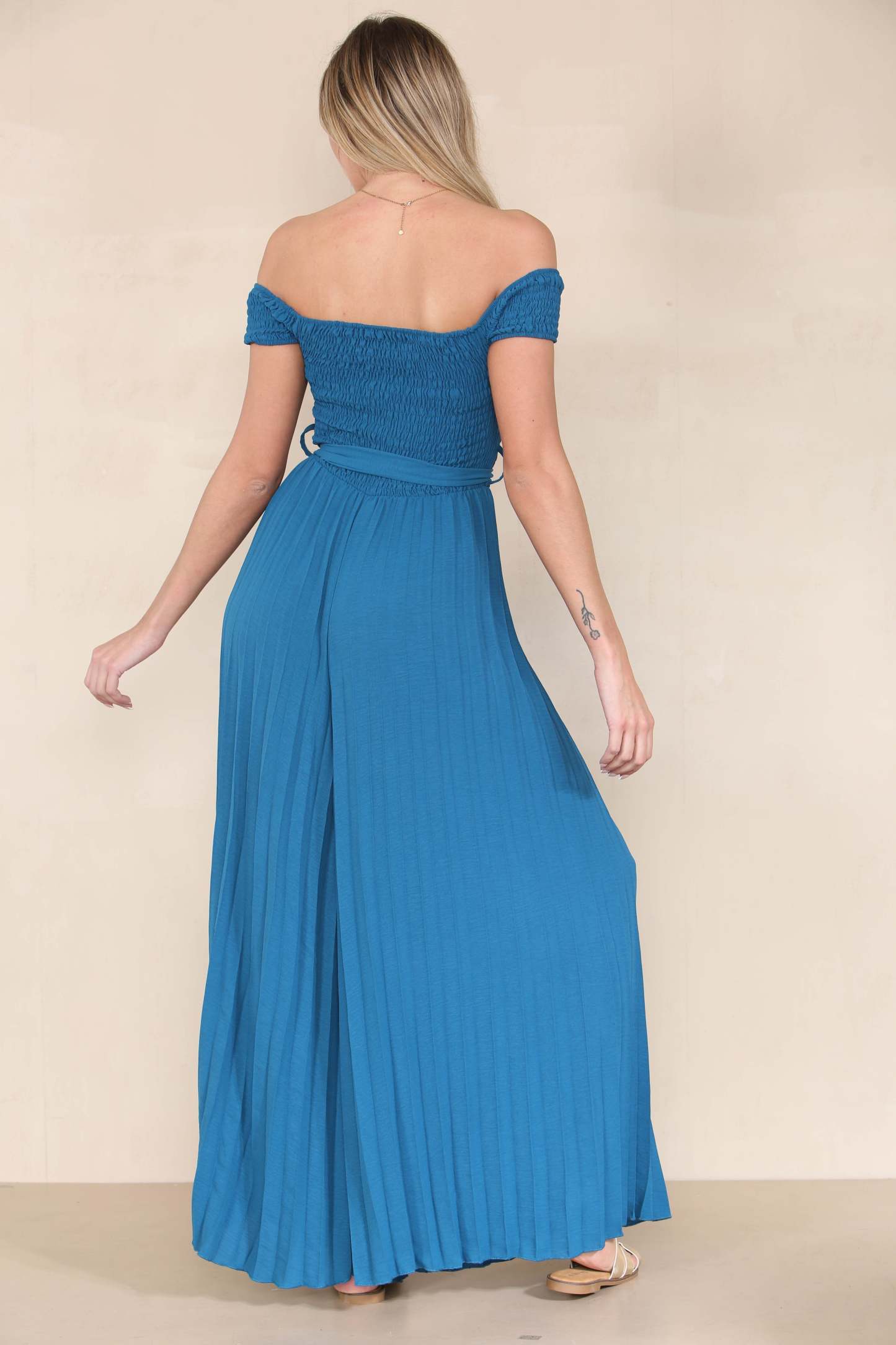 Trendy Off The Shoulder Waist Tie Pleated Jumpsuit-KATCH ME