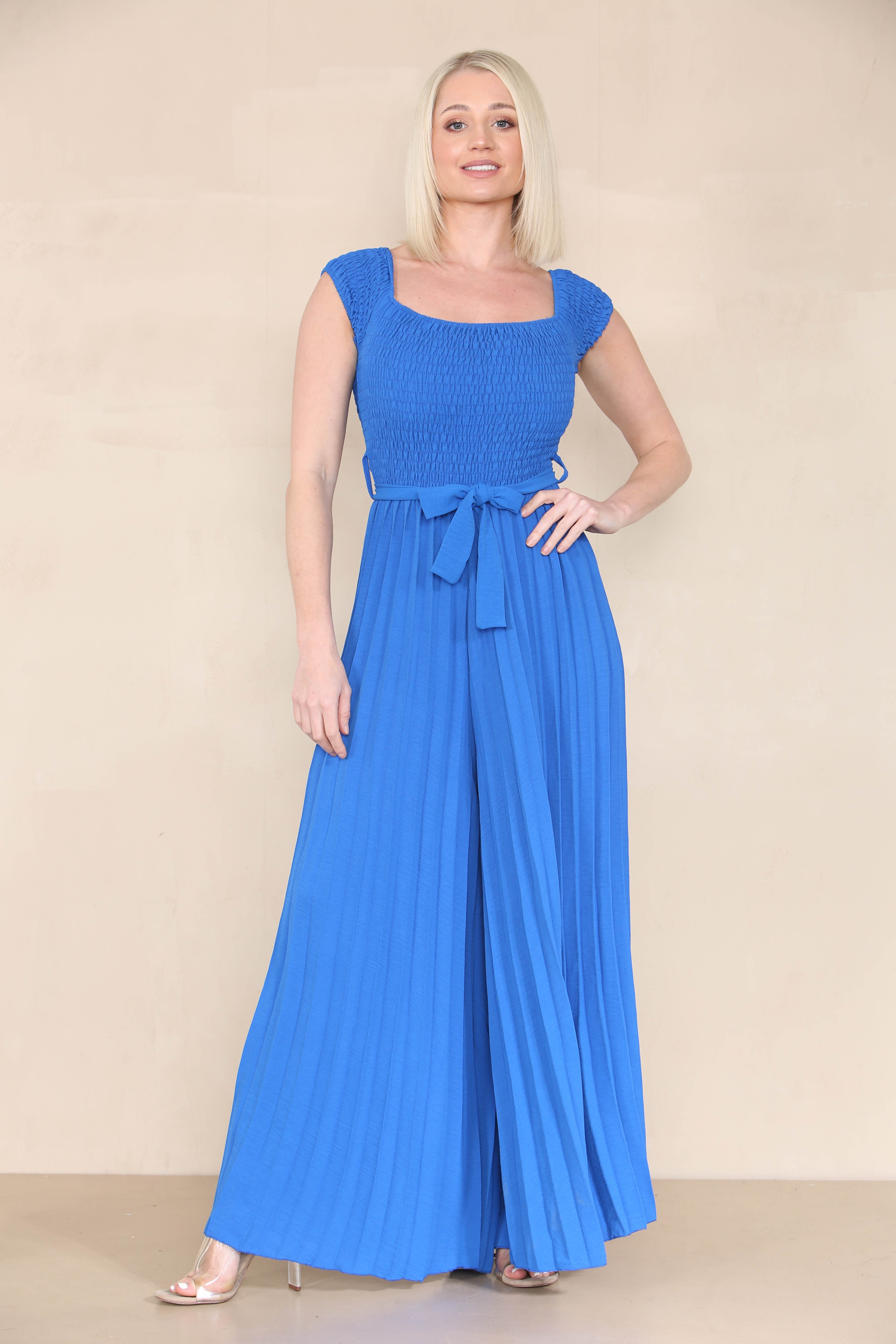Trendy Off The Shoulder Waist Tie Pleated Jumpsuit-KATCH ME