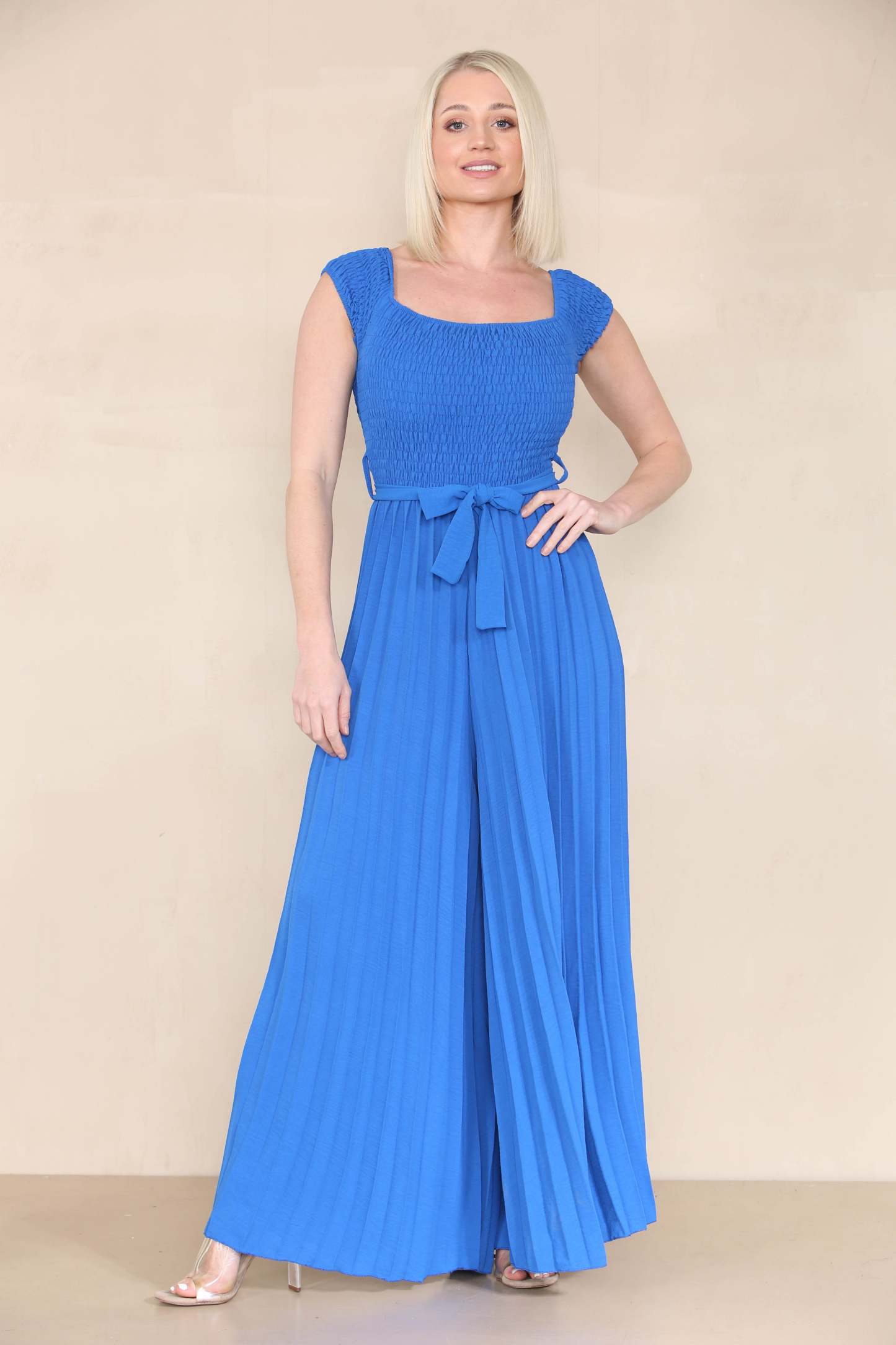 Trendy Off The Shoulder Waist Tie Pleated Jumpsuit-KATCH ME