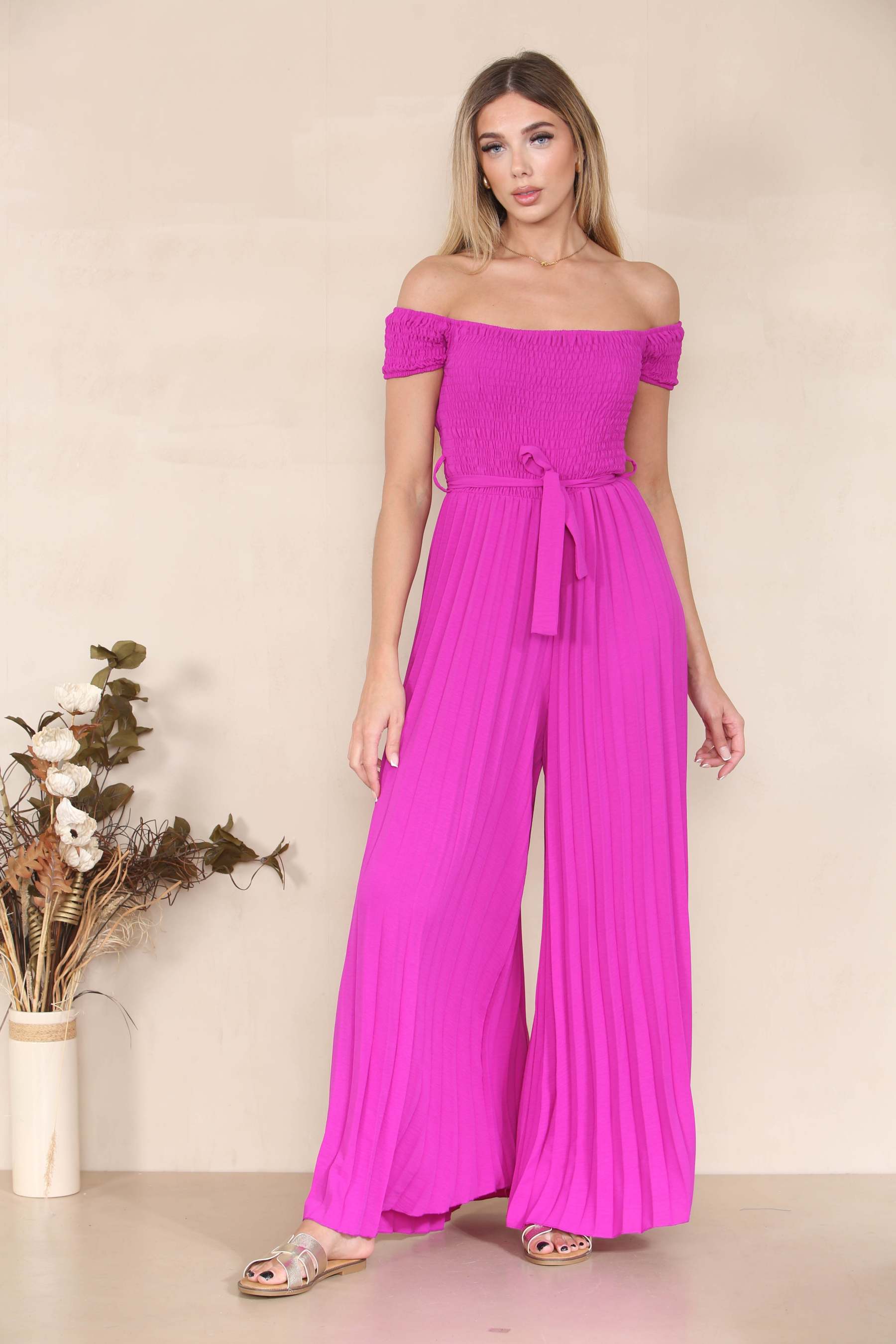 Trendy Off The Shoulder Waist Tie Pleated Jumpsuit-KATCH ME
