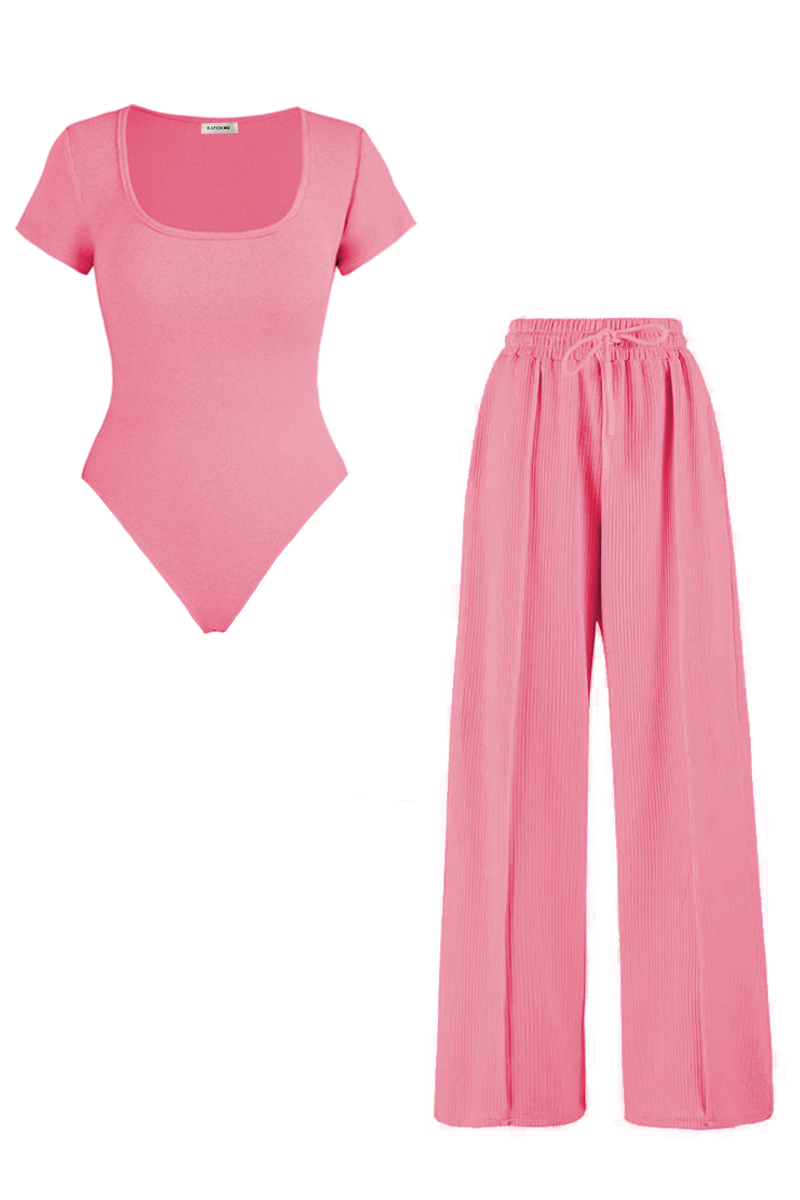 Trendy Square Neck Shaping Bodysuit & Wide Leg Trousers Co-ord