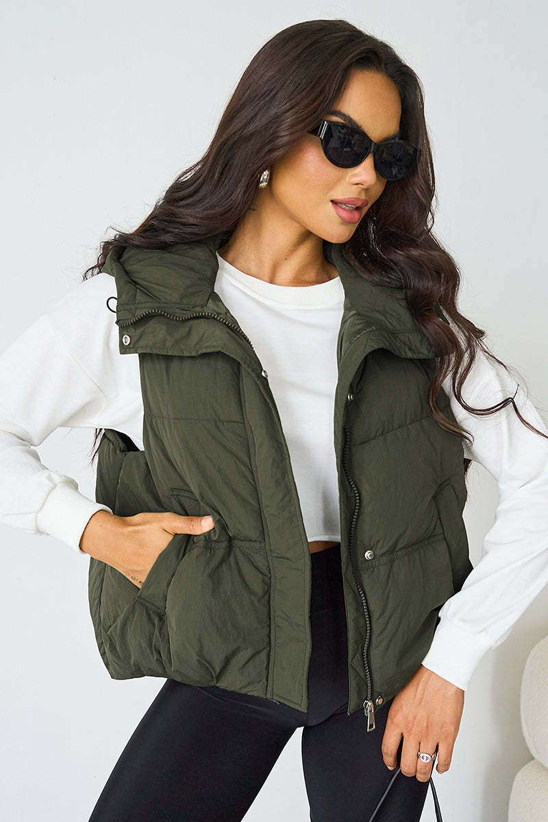 Fall & Winter Street Solid Color Hooded Zip-Up Thermal Vest-KATCH ME