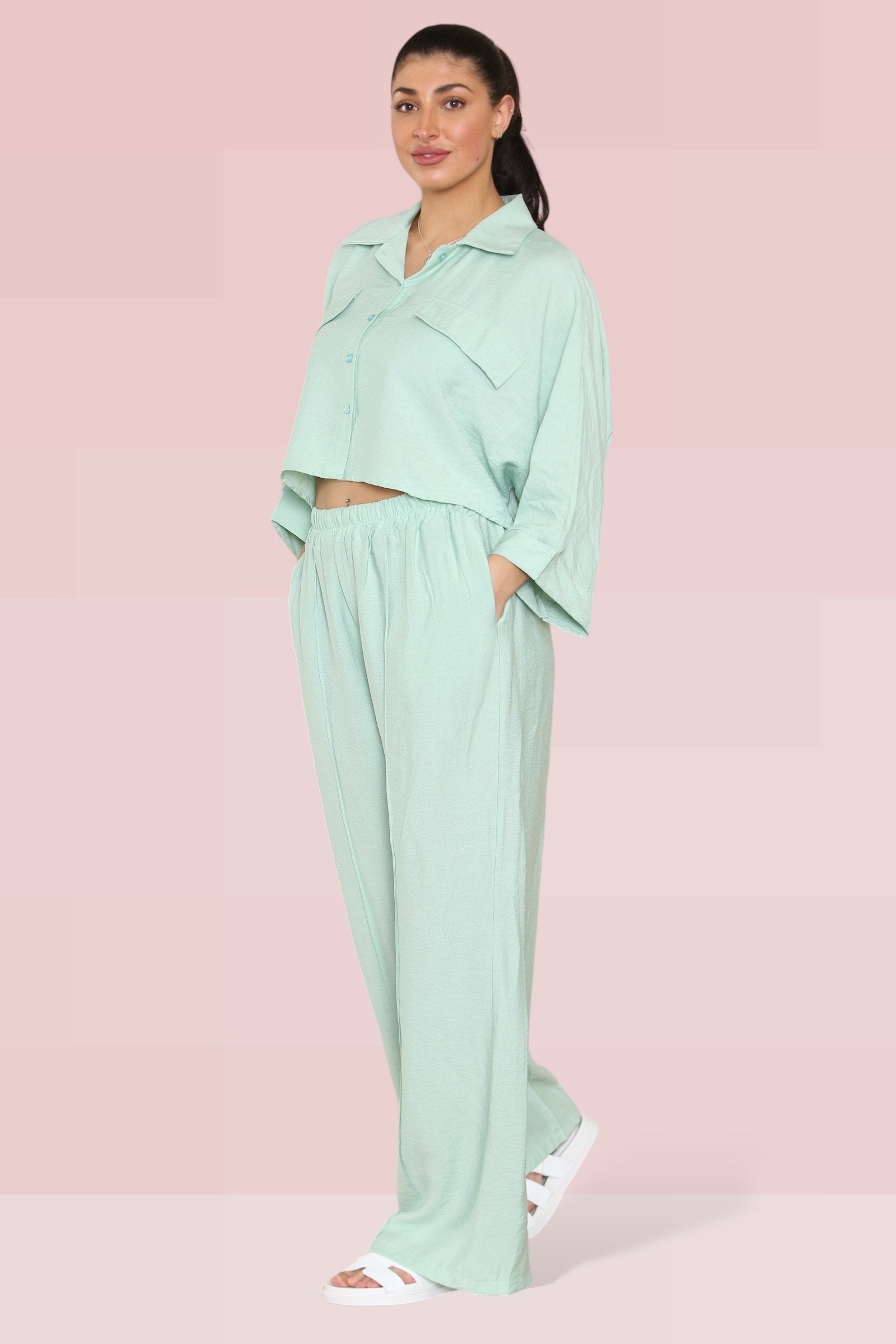 KATCH ME Green Versatile Half Sleeve Button Crop Top & Elastic Waist Trousers Co-ord Co-ord