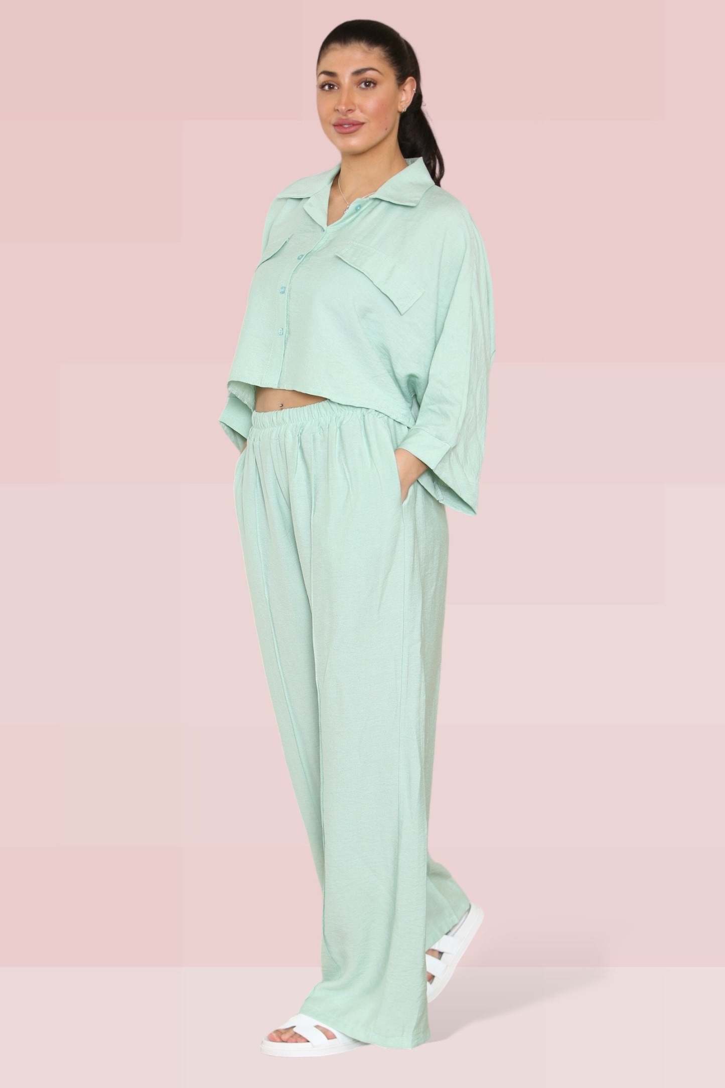KATCH ME Green Versatile Half Sleeve Button Crop Top & Elastic Waist Trousers Co-ord Co-ord