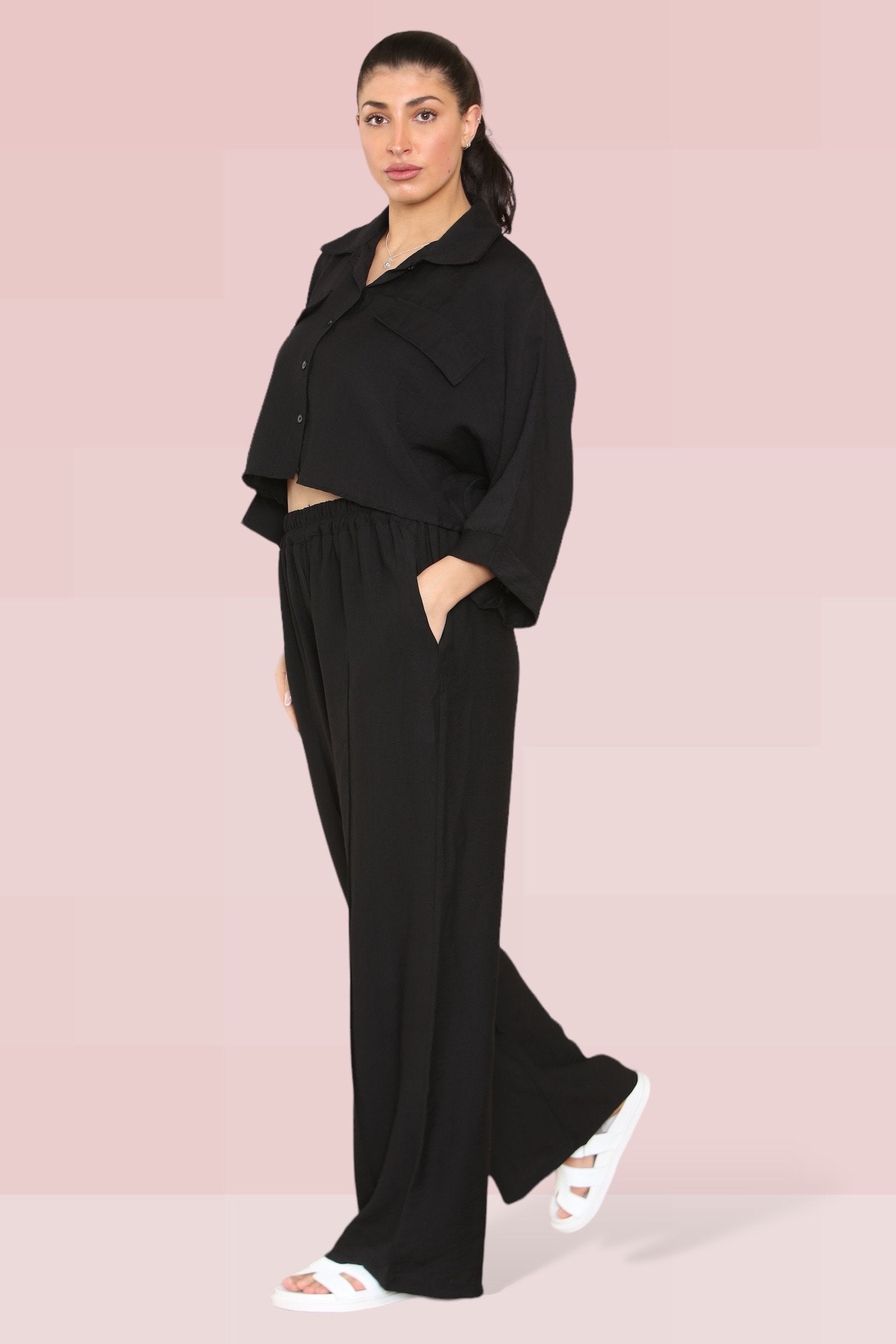 KATCH ME Black Versatile Half Sleeve Button Crop Top & Elastic Waist Trousers Co-ord Co-ord