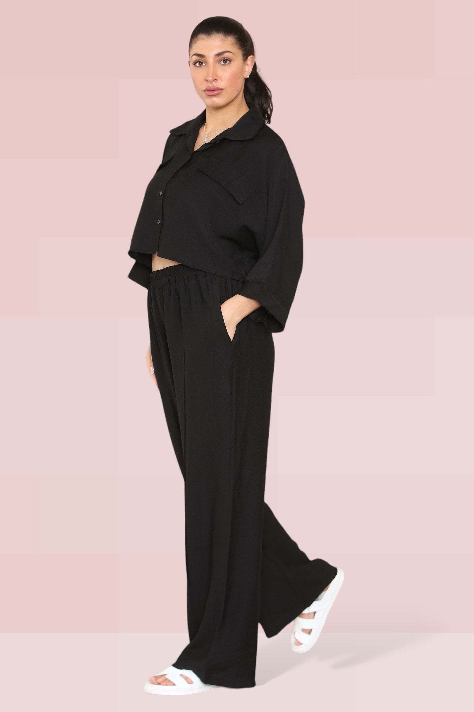 KATCH ME Black Versatile Half Sleeve Button Crop Top & Elastic Waist Trousers Co-ord Co-ord