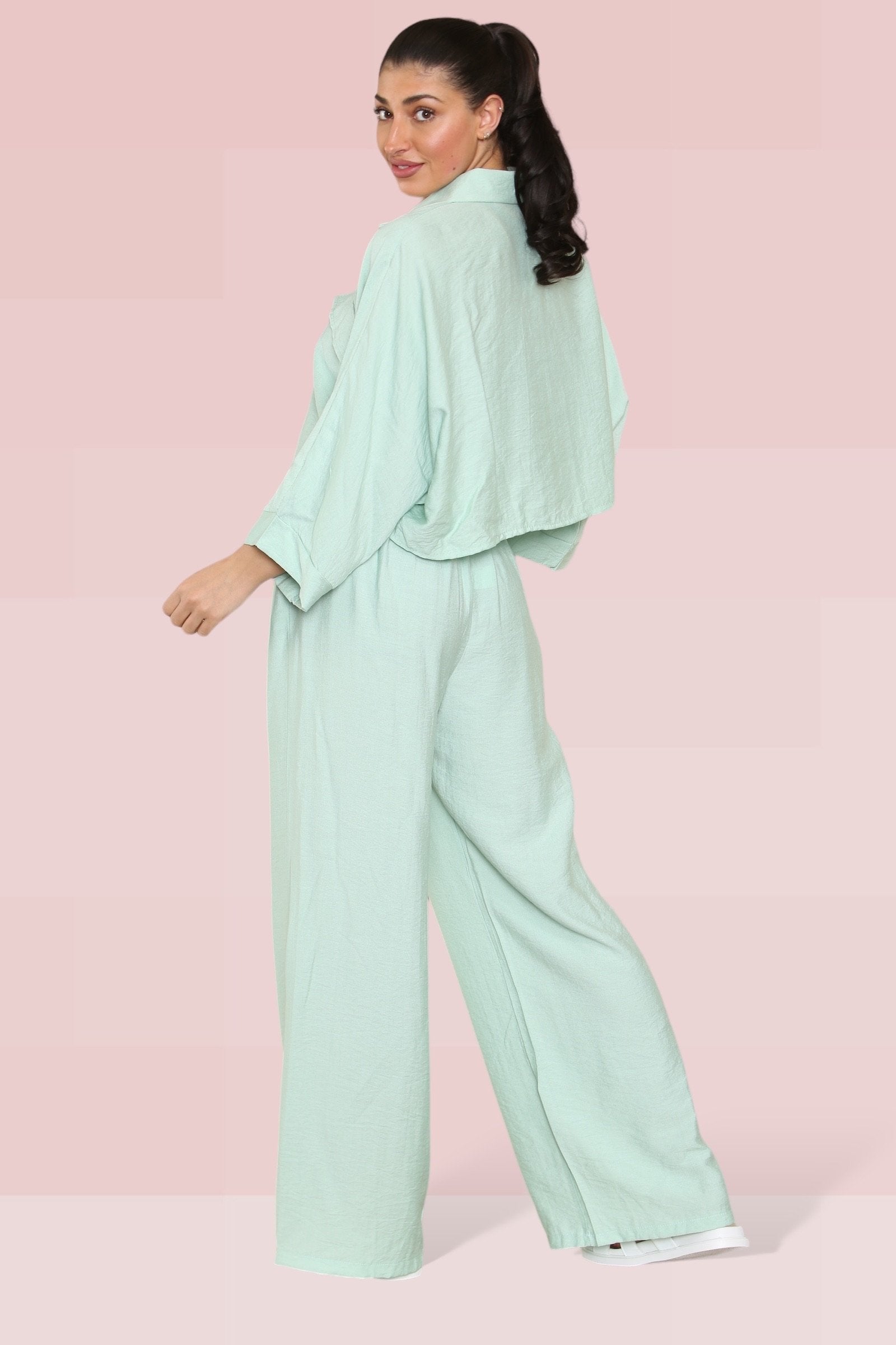 KATCH ME Green Versatile Half Sleeve Button Crop Top & Elastic Waist Trousers Co-ord Co-ord