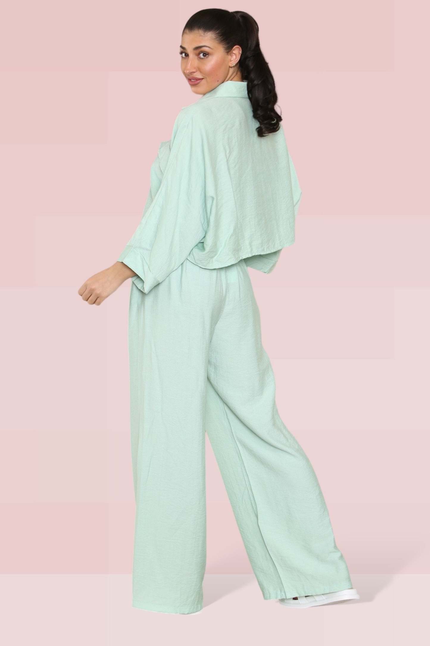 KATCH ME Green Versatile Half Sleeve Button Crop Top & Elastic Waist Trousers Co-ord Co-ord