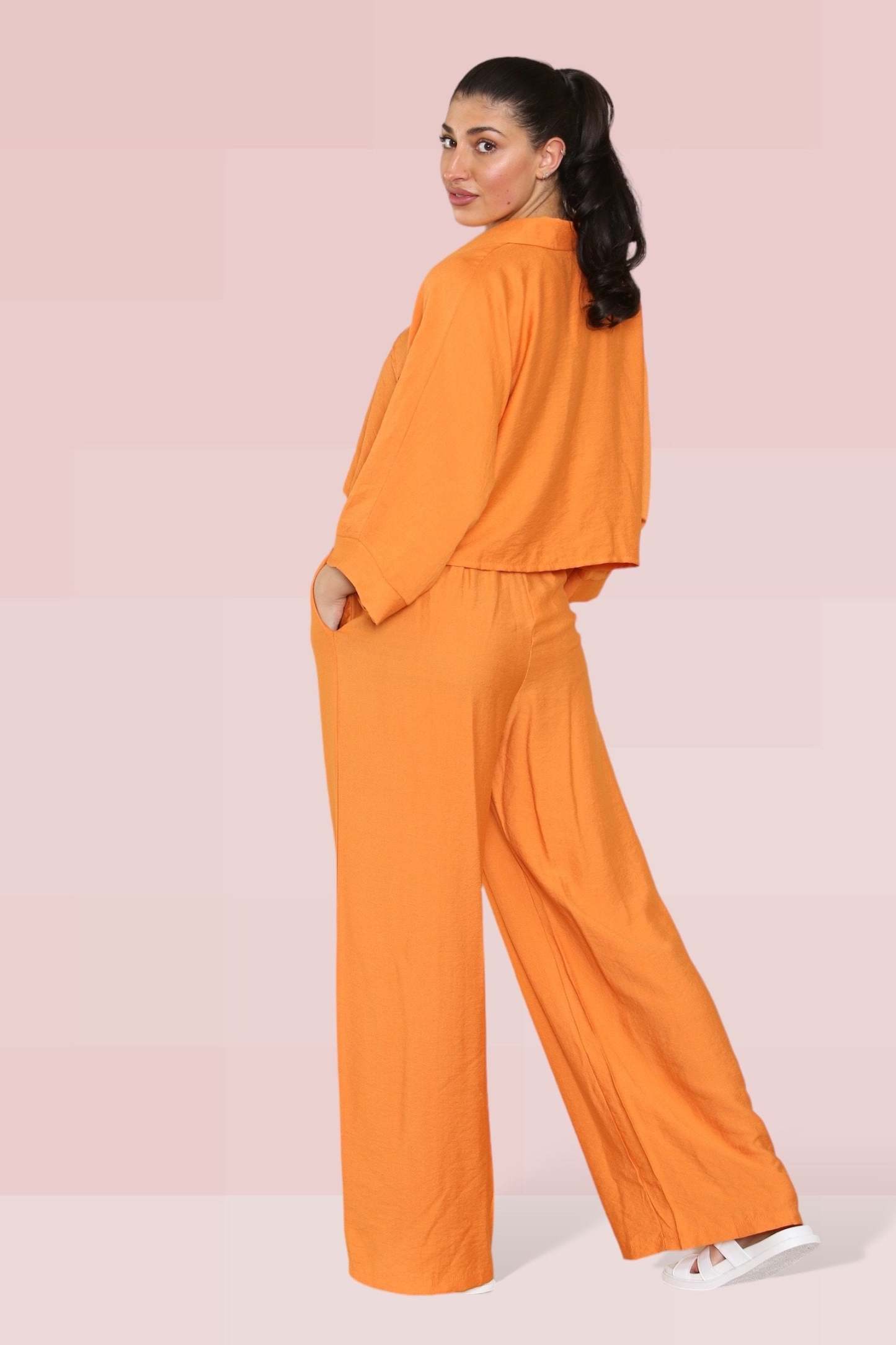 KATCH ME Orange Versatile Half Sleeve Button Crop Top & Elastic Waist Trousers Co-ord Co-ord