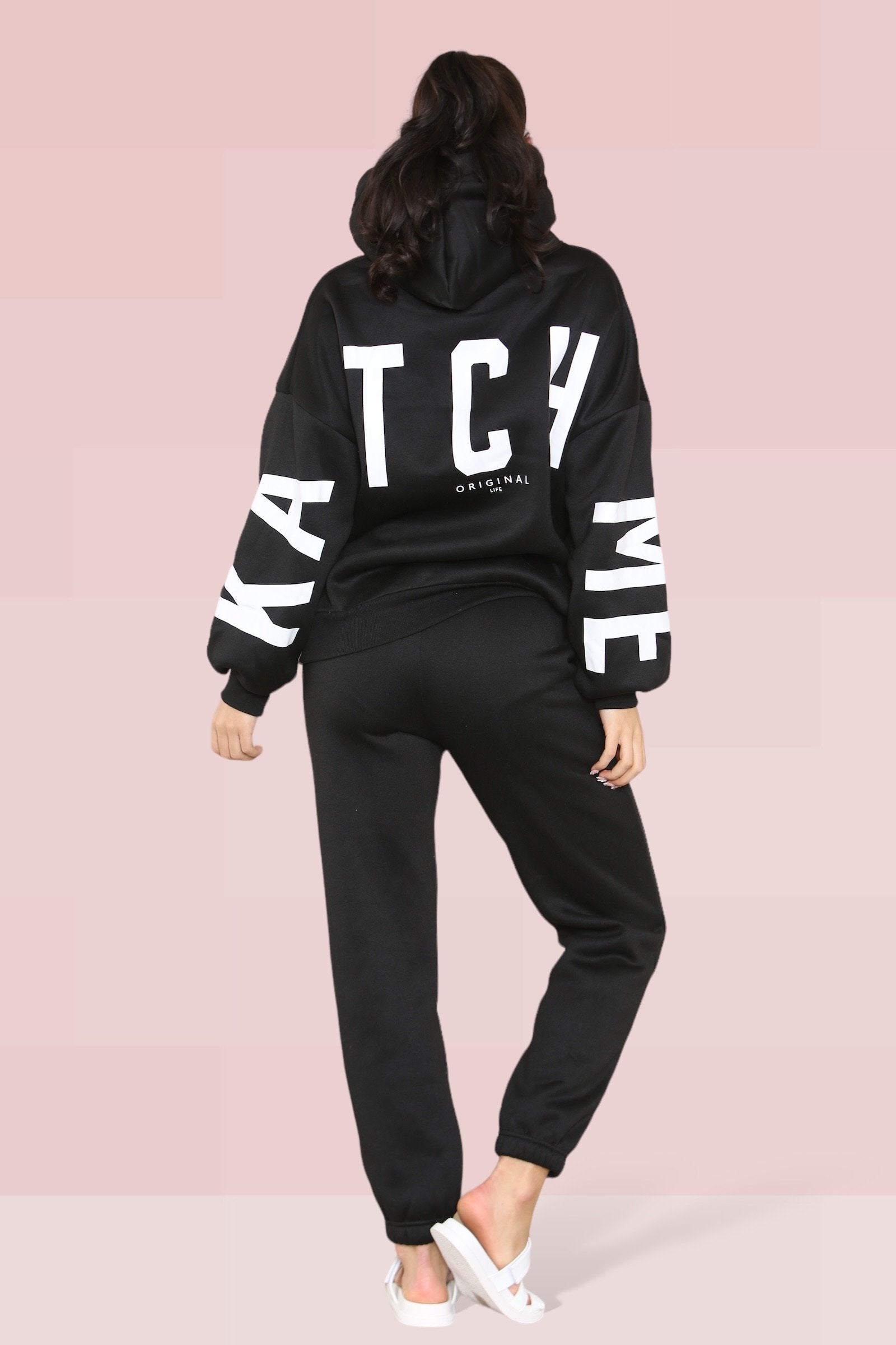 KATCH ME Black Casual Hooded Letter Printing Fleece Hoodie & Elastic Waist Sweatpants Co-ord Co-ord