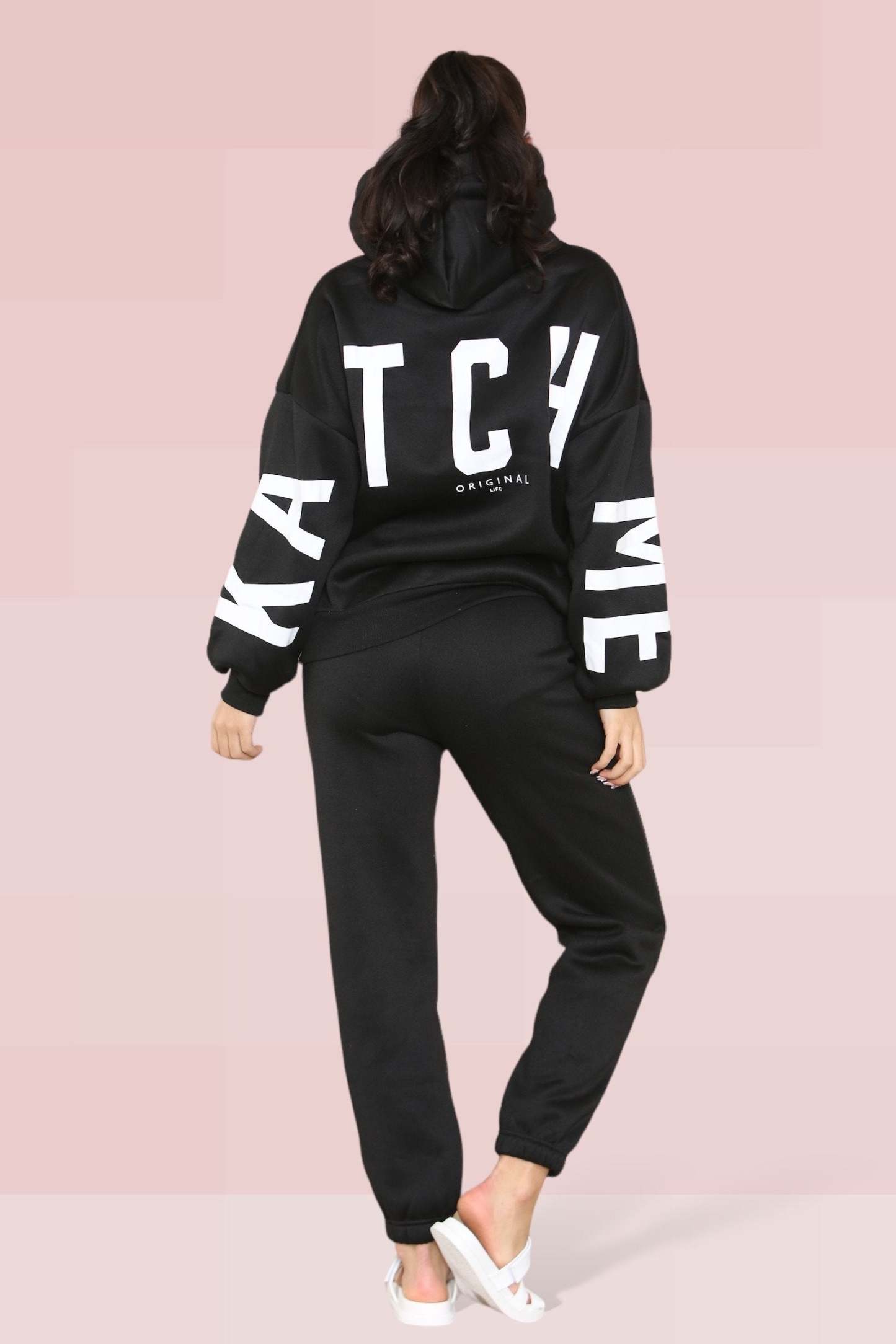 KATCH ME Black Casual Hooded Letter Printing Fleece Hoodie & Elastic Waist Sweatpants Co-ord Co-ord