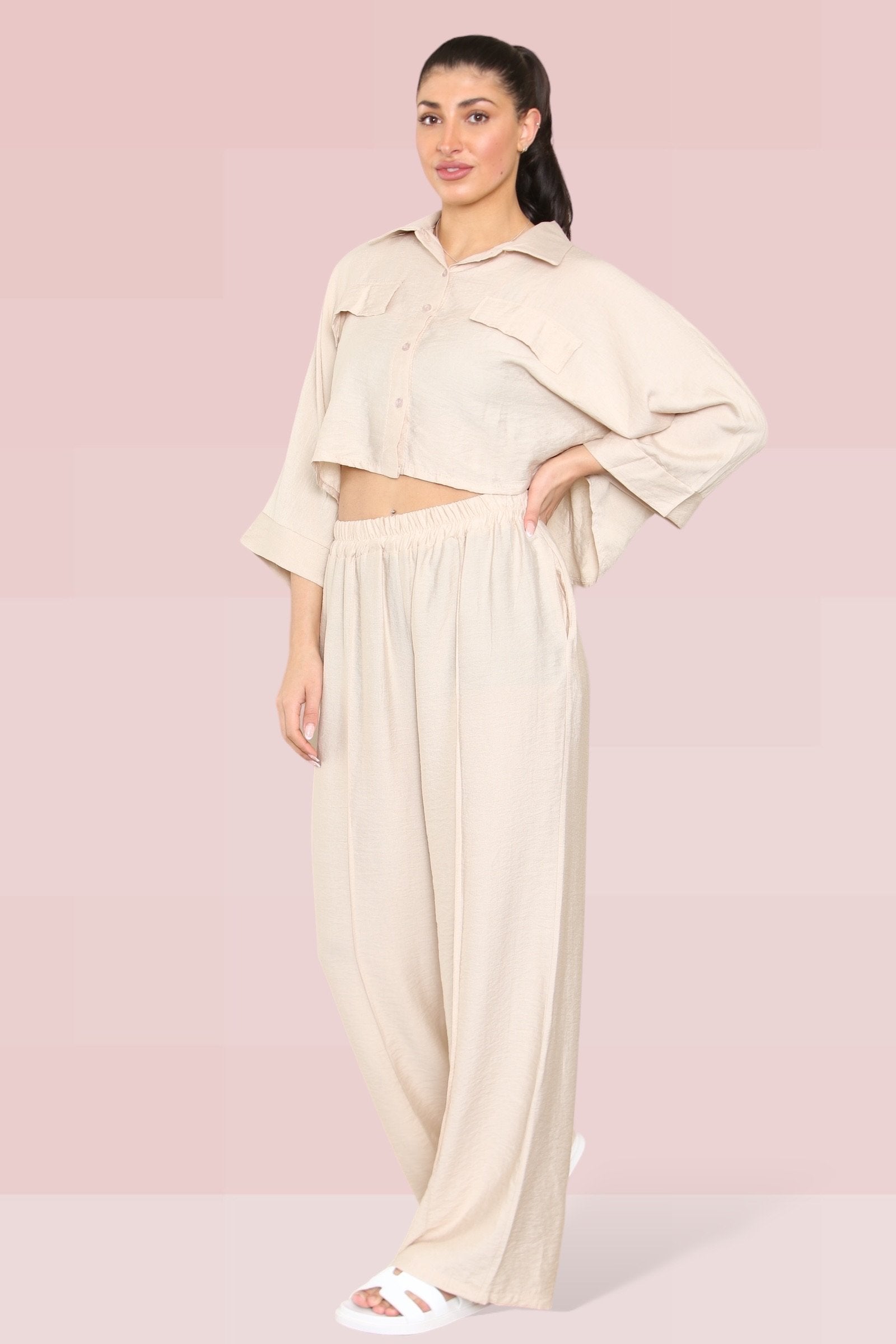 KATCH ME Beige Versatile Half Sleeve Button Crop Top & Elastic Waist Trousers Co-ord Co-ord
