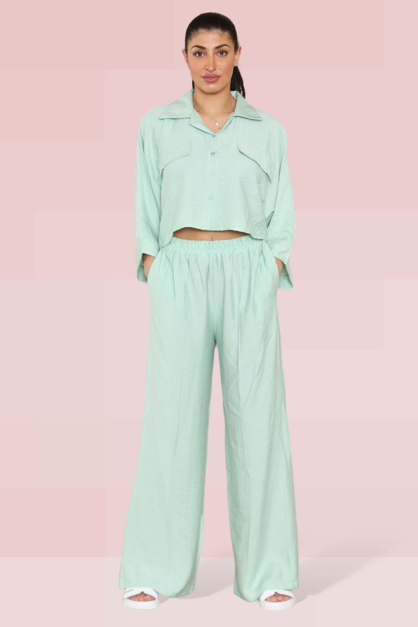 KATCH ME Green Versatile Half Sleeve Button Crop Top & Elastic Waist Trousers Co-ord Co-ord 28.99