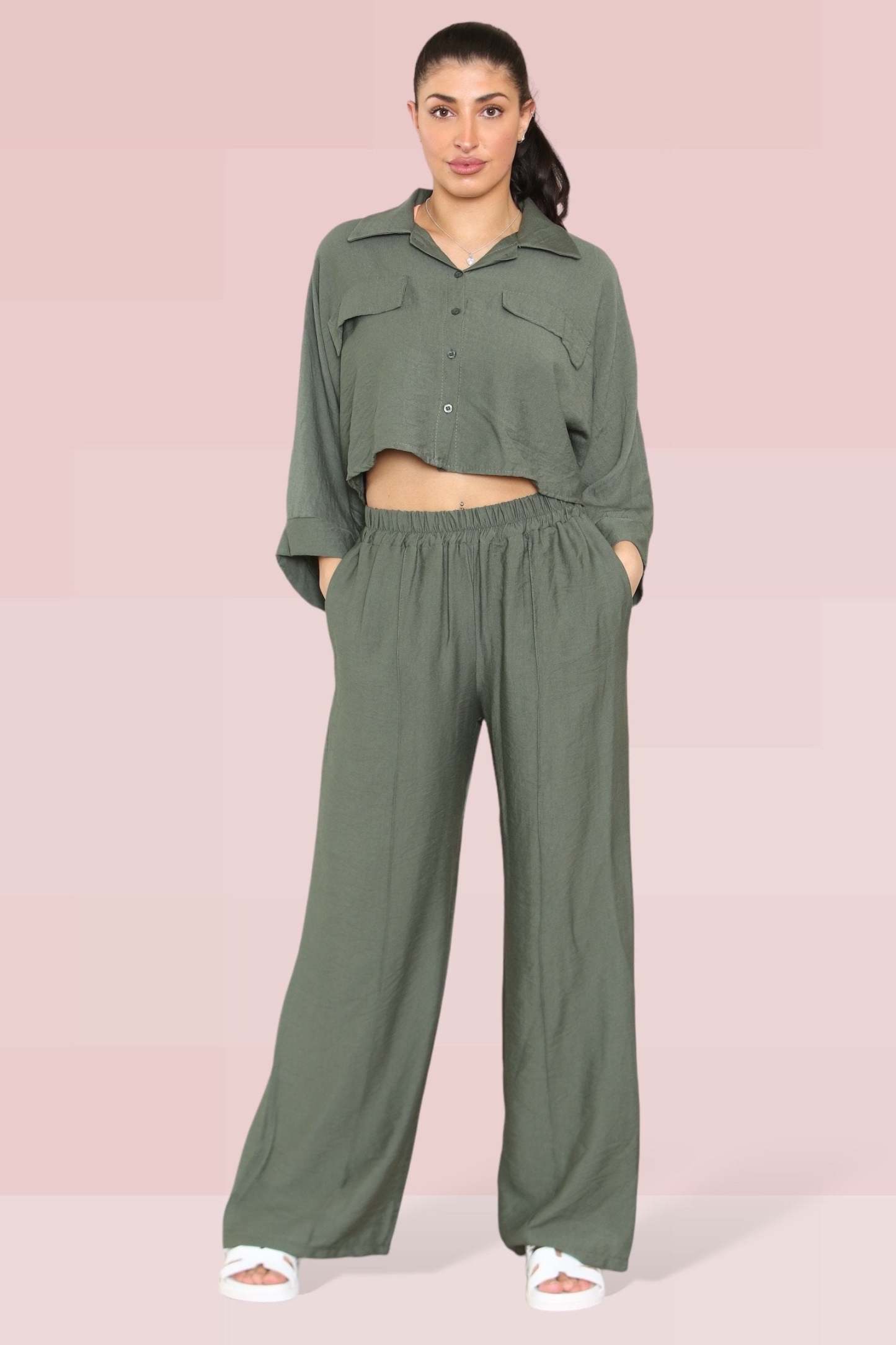 KATCH ME Khaki Versatile Half Sleeve Button Crop Top & Elastic Waist Trousers Co-ord Co-ord