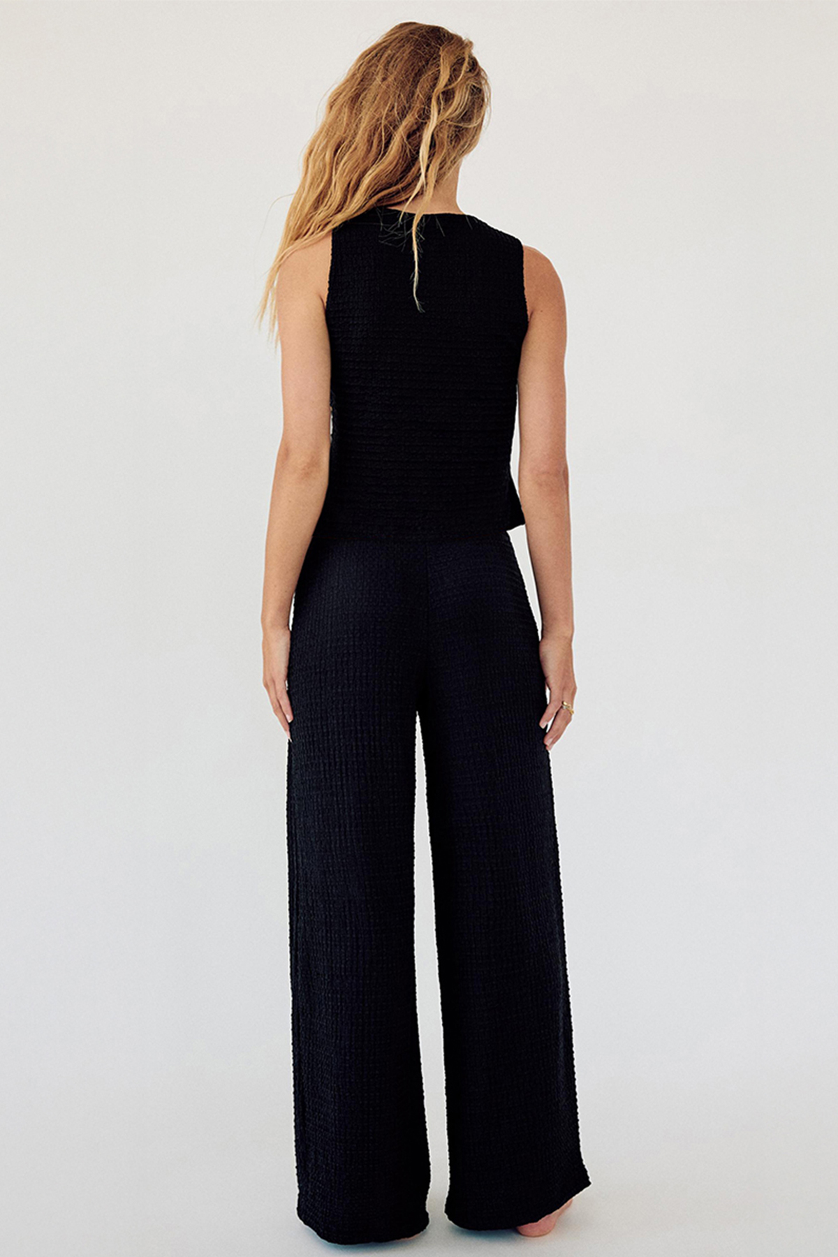 Leisure V-Neck Button Tank Top & Low-Rise Wide Leg Trousers Co-ord