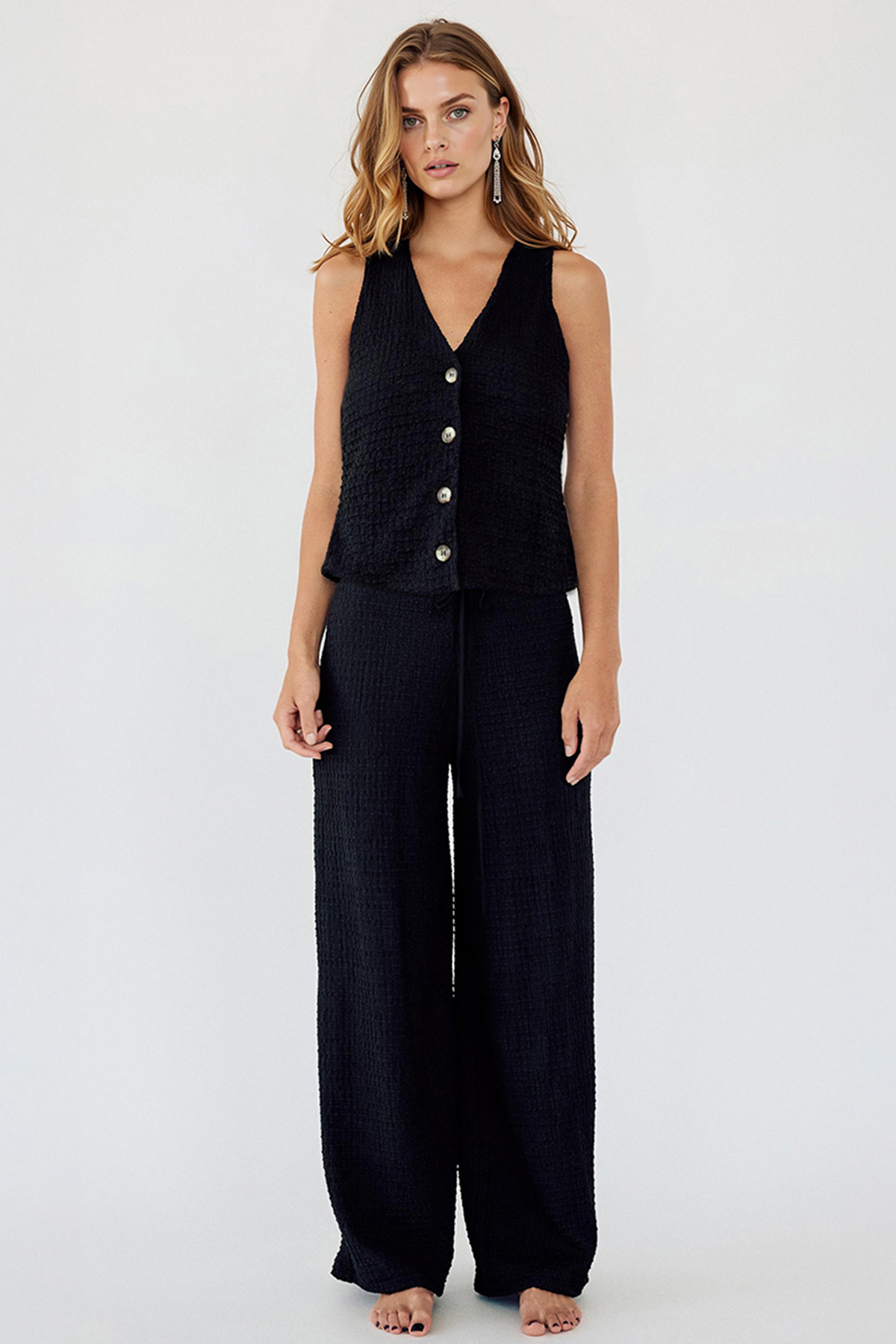 Leisure V-Neck Button Tank Top & Low-Rise Wide Leg Trousers Co-ord