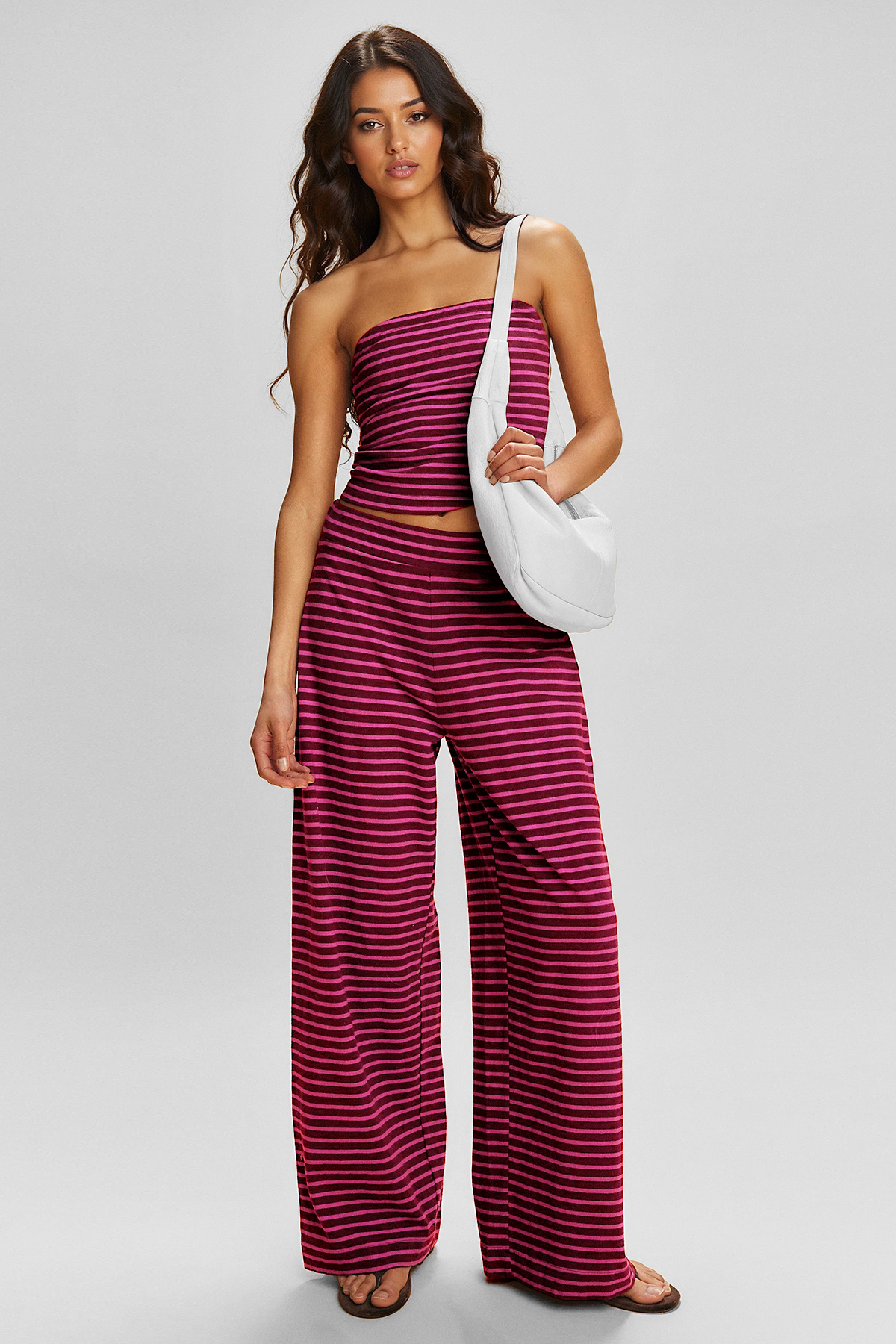 Chic Color Matching Stripe Slim Tube Top & Low-Rise Wide Leg Trousers Co-ord