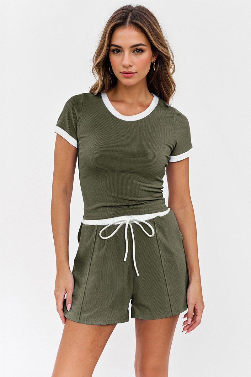 Casual Round Neck Contrast Trim Short Sleeve Top & Pocket Drawstring W