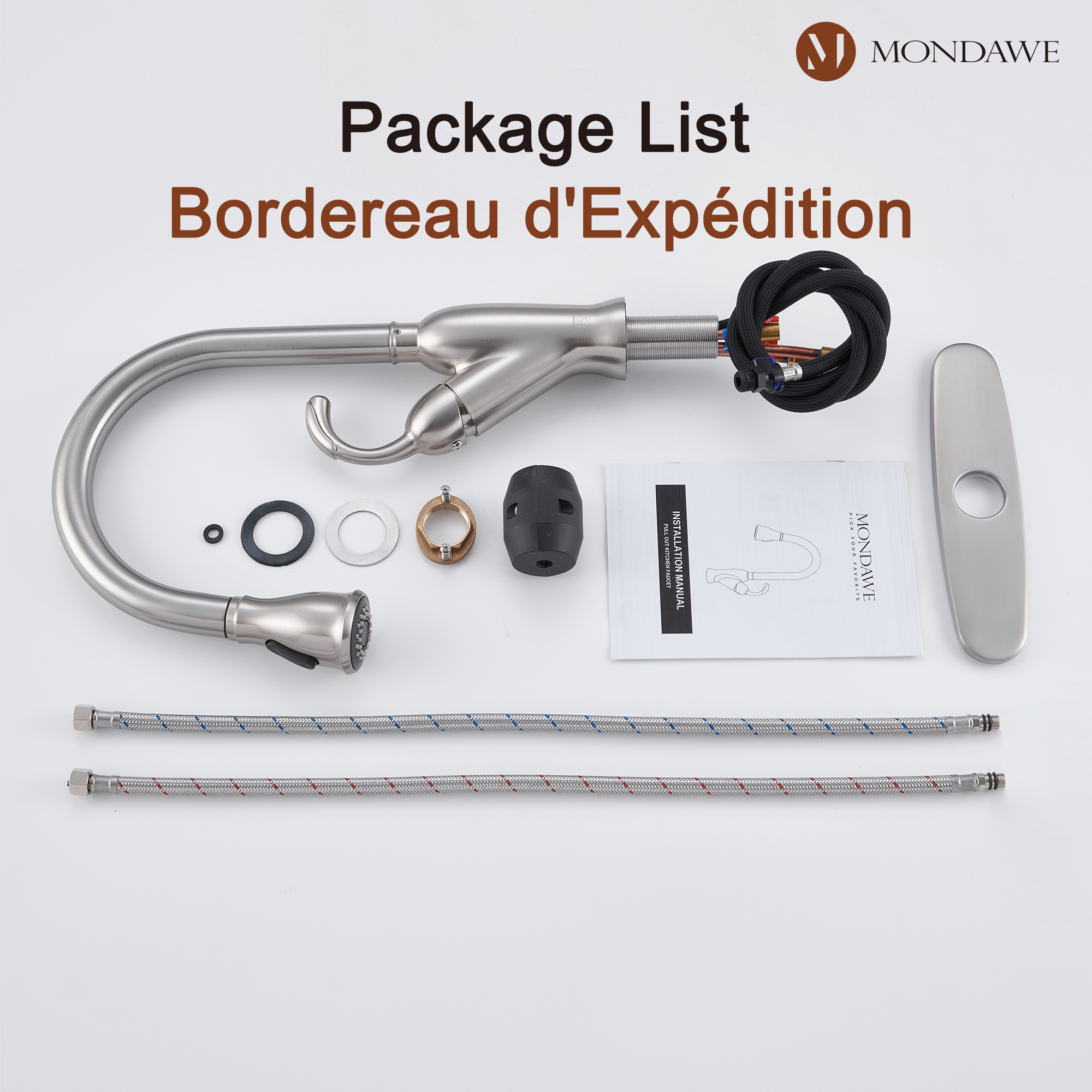 2-Function Tulip High Arc Pull Down Single Handle Deck Mount Kitchen Faucet in Brushed Nickel / Matte Black