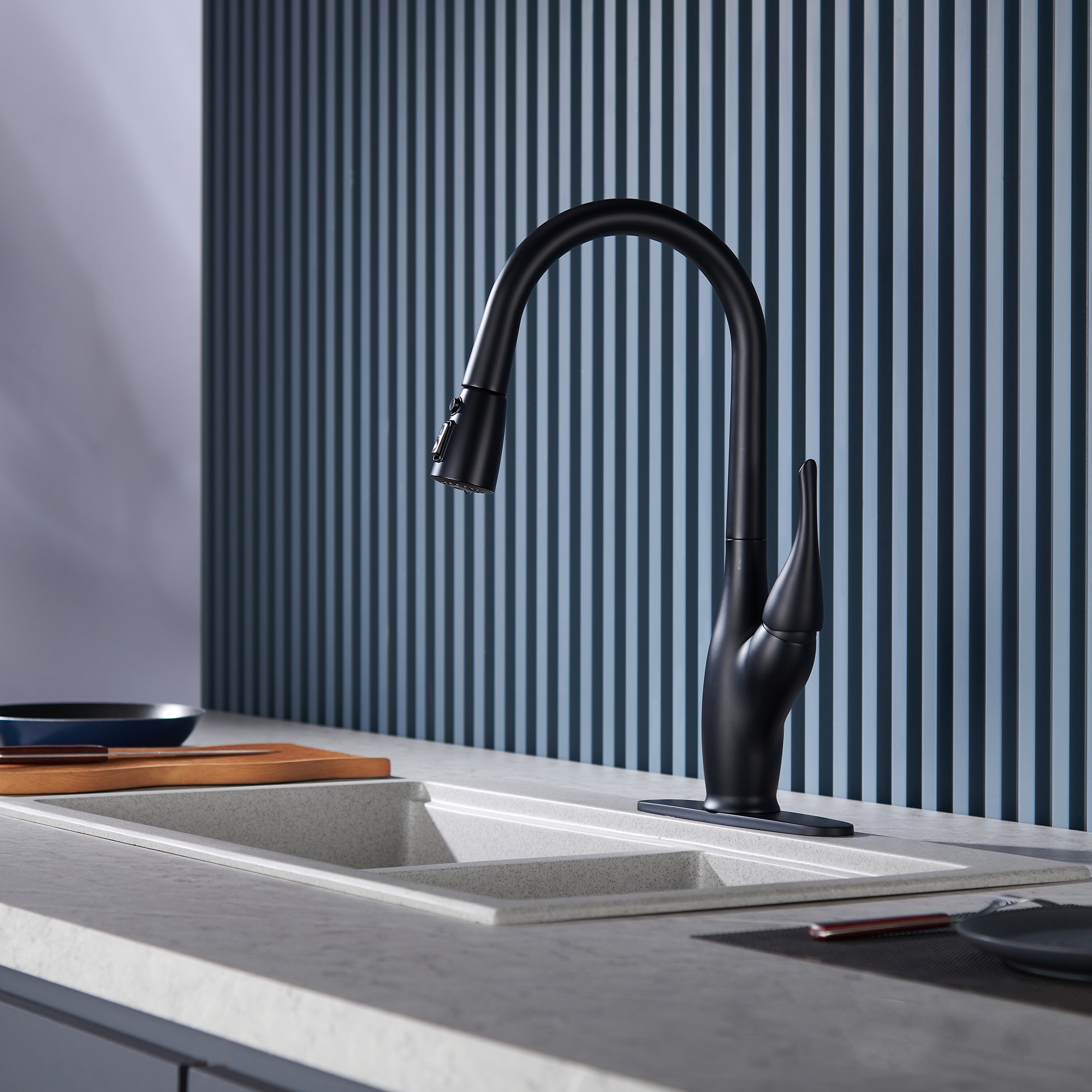Tulip High Arc Pull Down Single Handle Deck Mount Kitchen Faucet in Matte Black