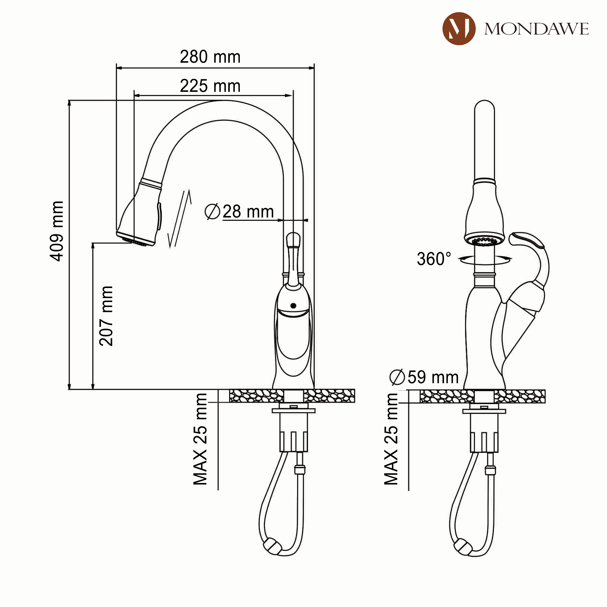 2-Function Tulip High Arc Pull Down Single Handle Deck Mount Kitchen Faucet in Brushed Nickel / Matte Black