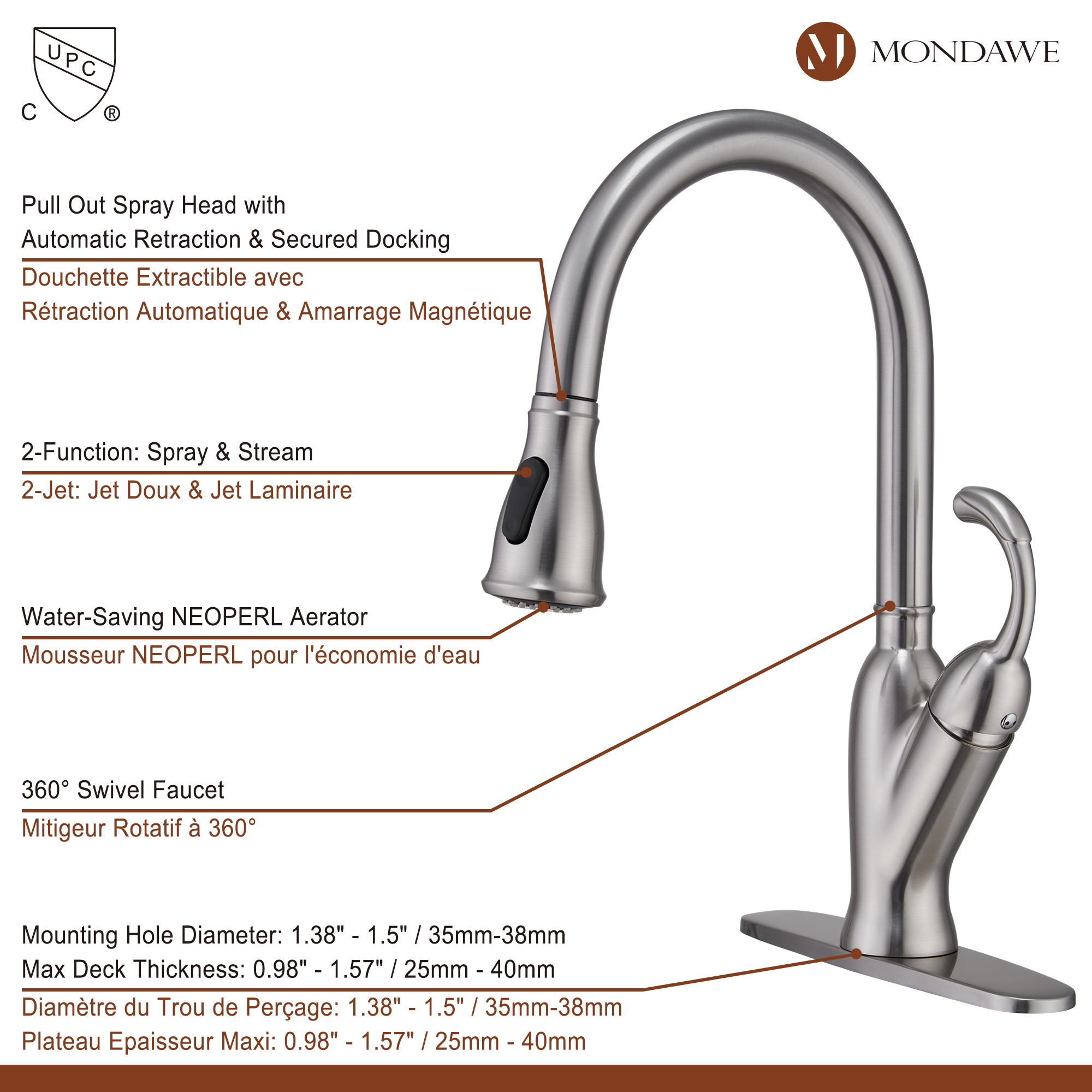 2-Function Tulip High Arc Pull Down Single Handle Deck Mount Kitchen Faucet in Brushed Nickel / Matte Black