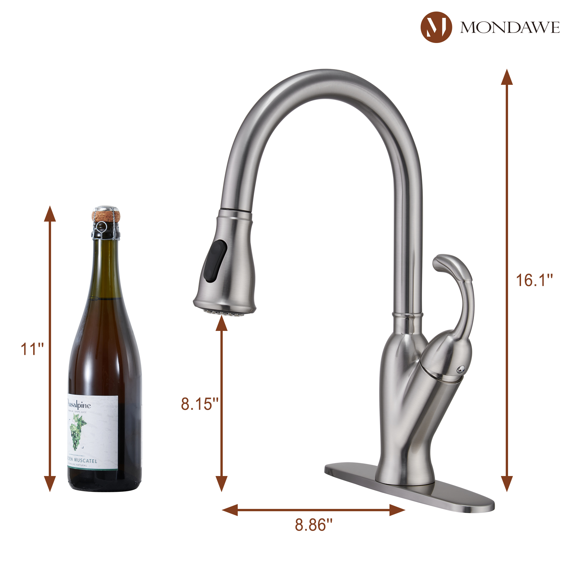 2-Function Tulip High Arc Pull Down Single Handle Deck Mount Kitchen Faucet in Brushed Nickel / Matte Black