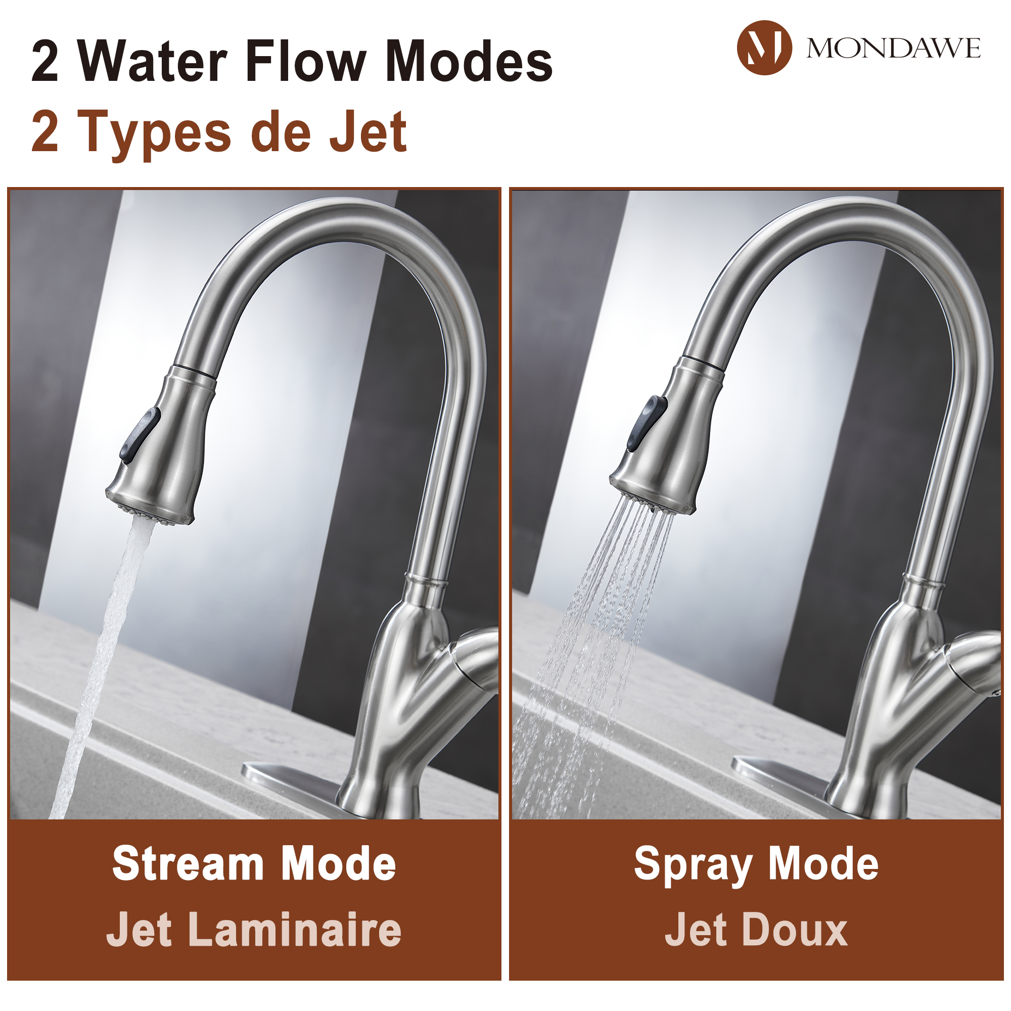 2-Function Tulip High Arc Pull Down Single Handle Deck Mount Kitchen Faucet in Brushed Nickel / Matte Black