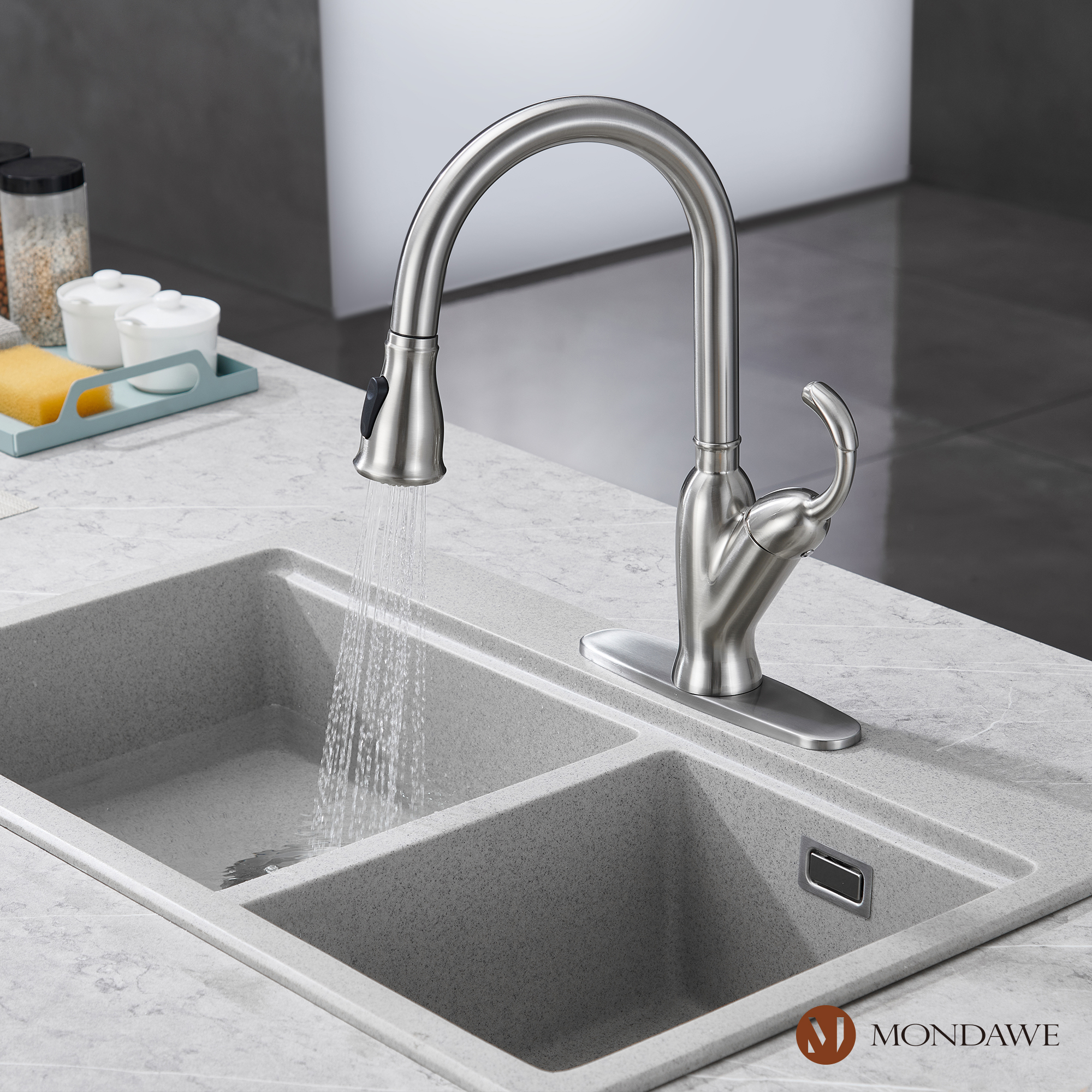 2-Function Tulip High Arc Pull Down Single Handle Deck Mount Kitchen Faucet in Brushed Nickel / Matte Black