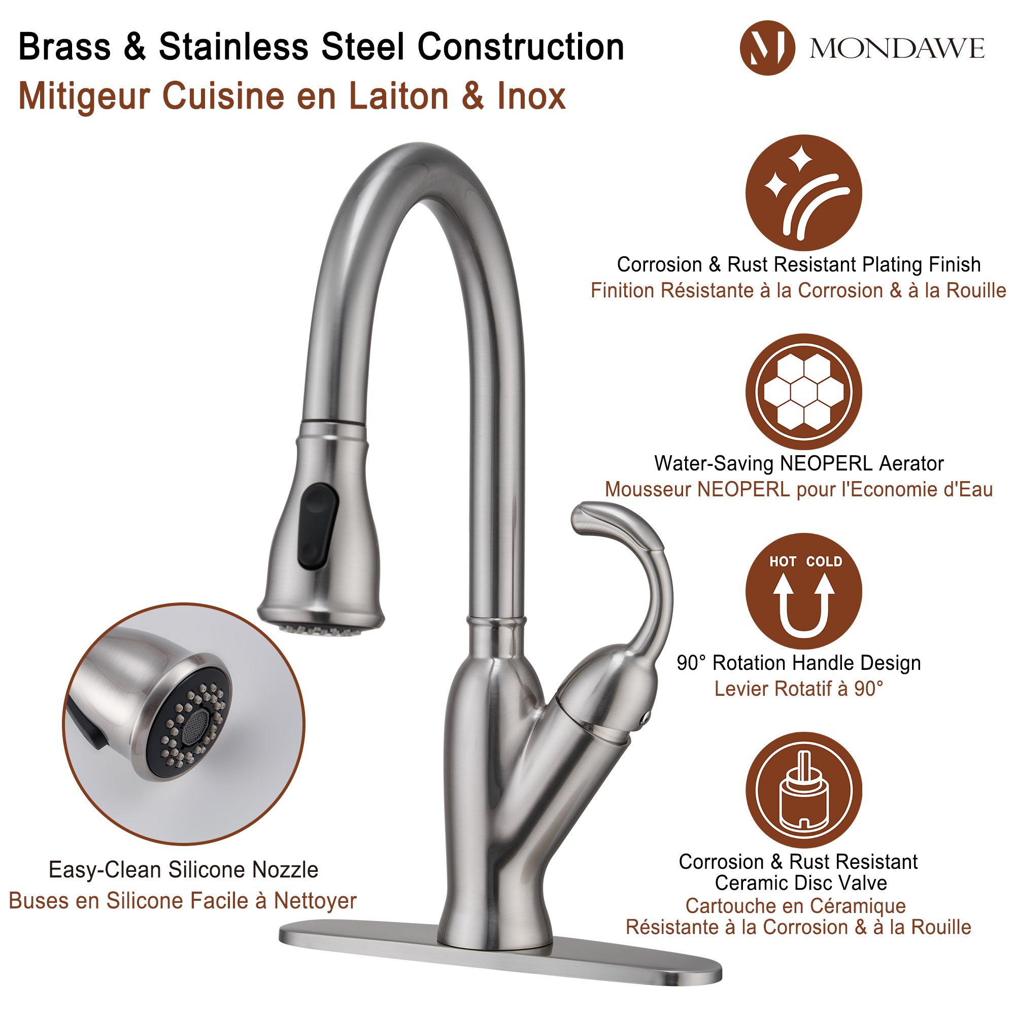 2-Function Tulip High Arc Pull Down Single Handle Deck Mount Kitchen Faucet in Brushed Nickel / Matte Black