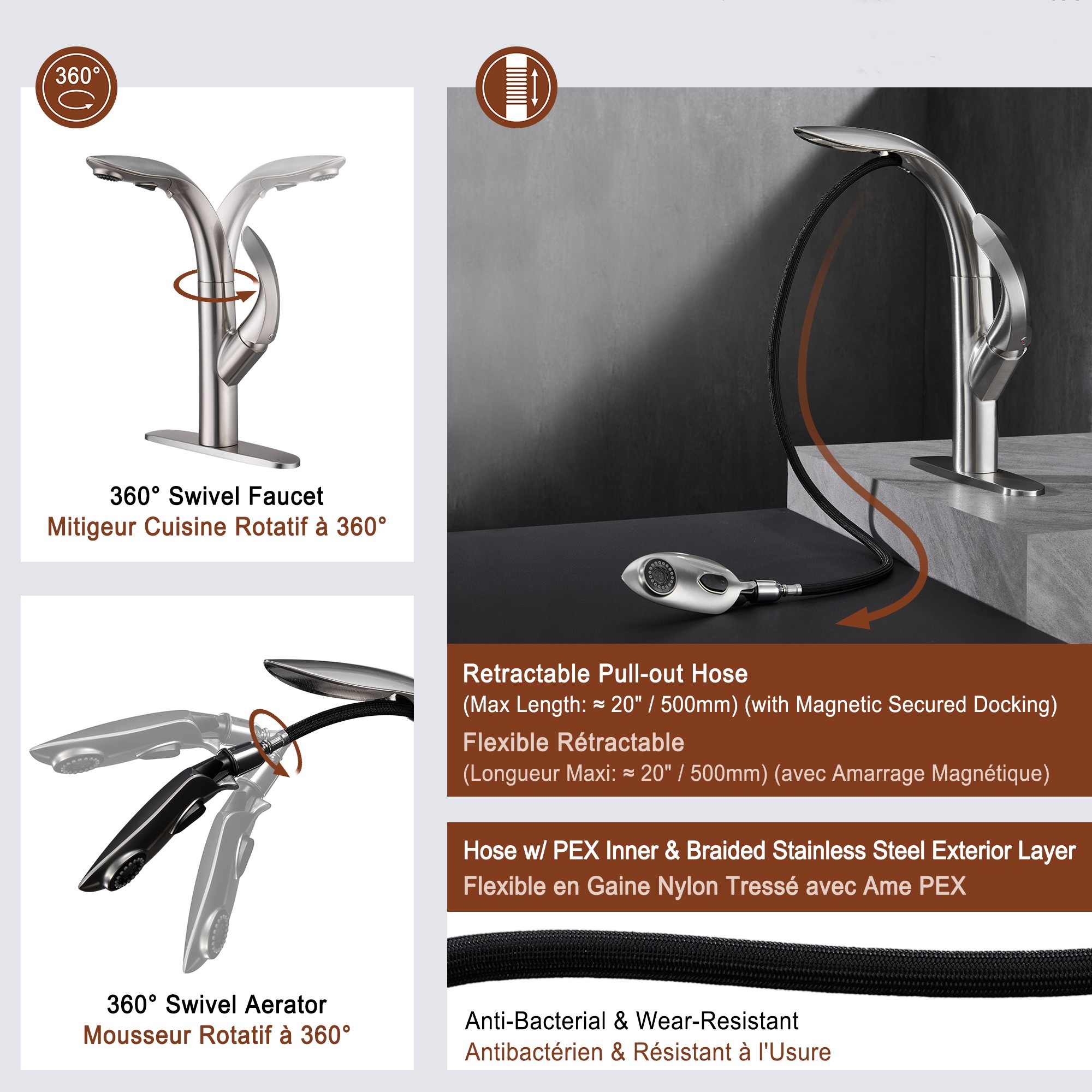 Mid Arc Pull Down Single Handle Deck Mount Kitchen Faucet in Gun Black / Brushed Nickel / Matte Black