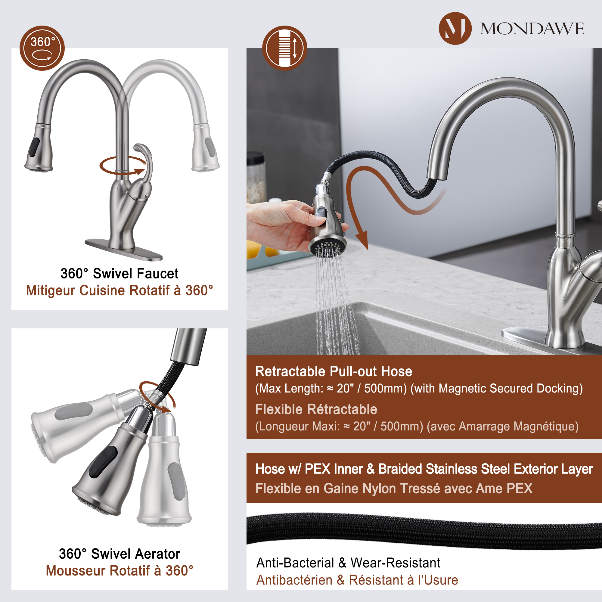 2-Function Tulip High Arc Pull Down Single Handle Deck Mount Kitchen Faucet in Brushed Nickel / Matte Black