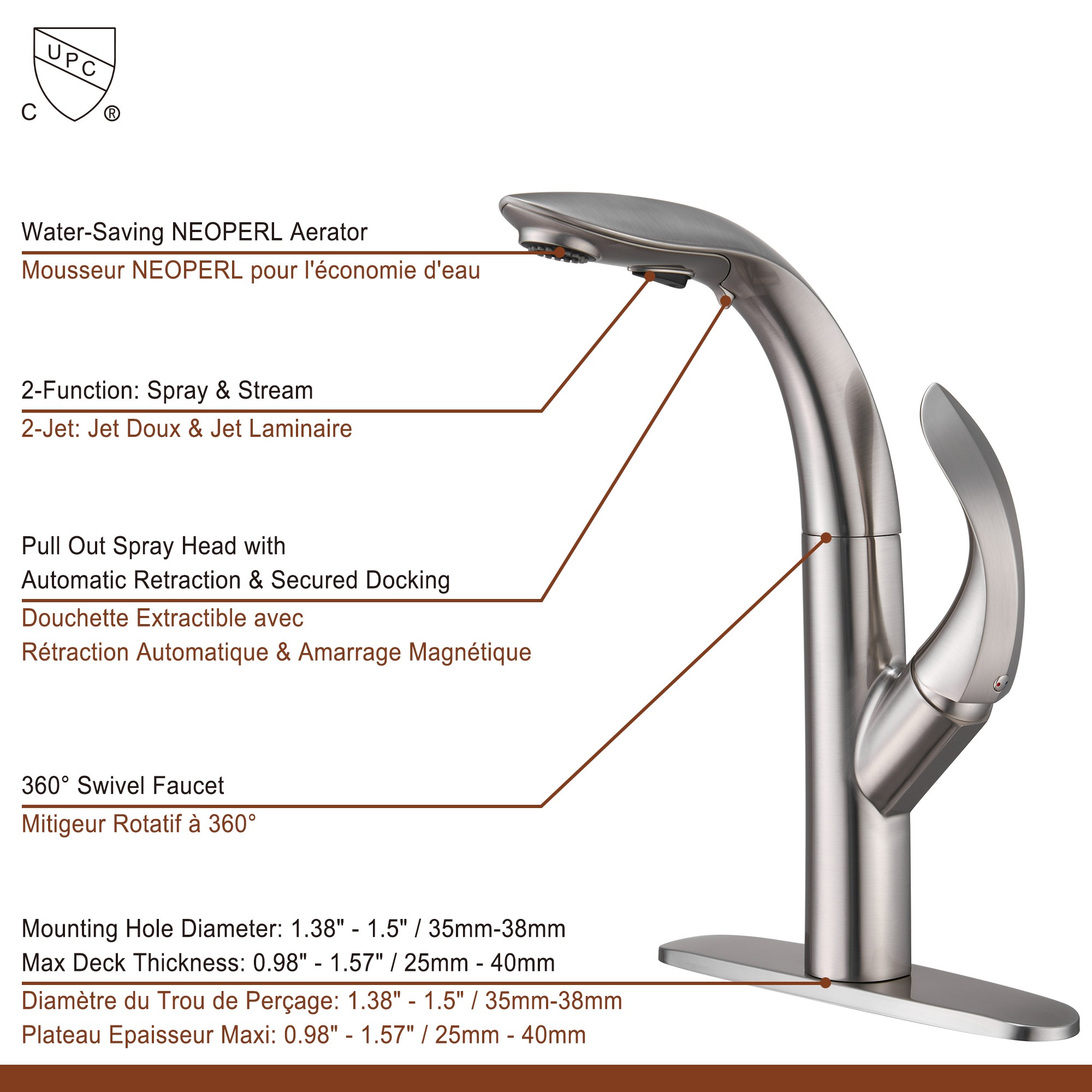 Mid Arc Pull Down Single Handle Deck Mount Kitchen Faucet in Gun Black / Brushed Nickel / Matte Black